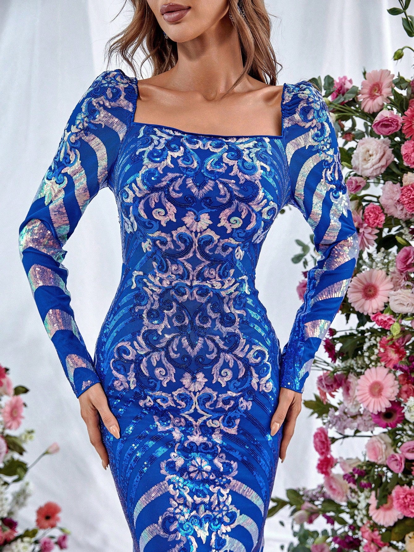 Square Neck Long Sleeve Sequin Mermaid Gown