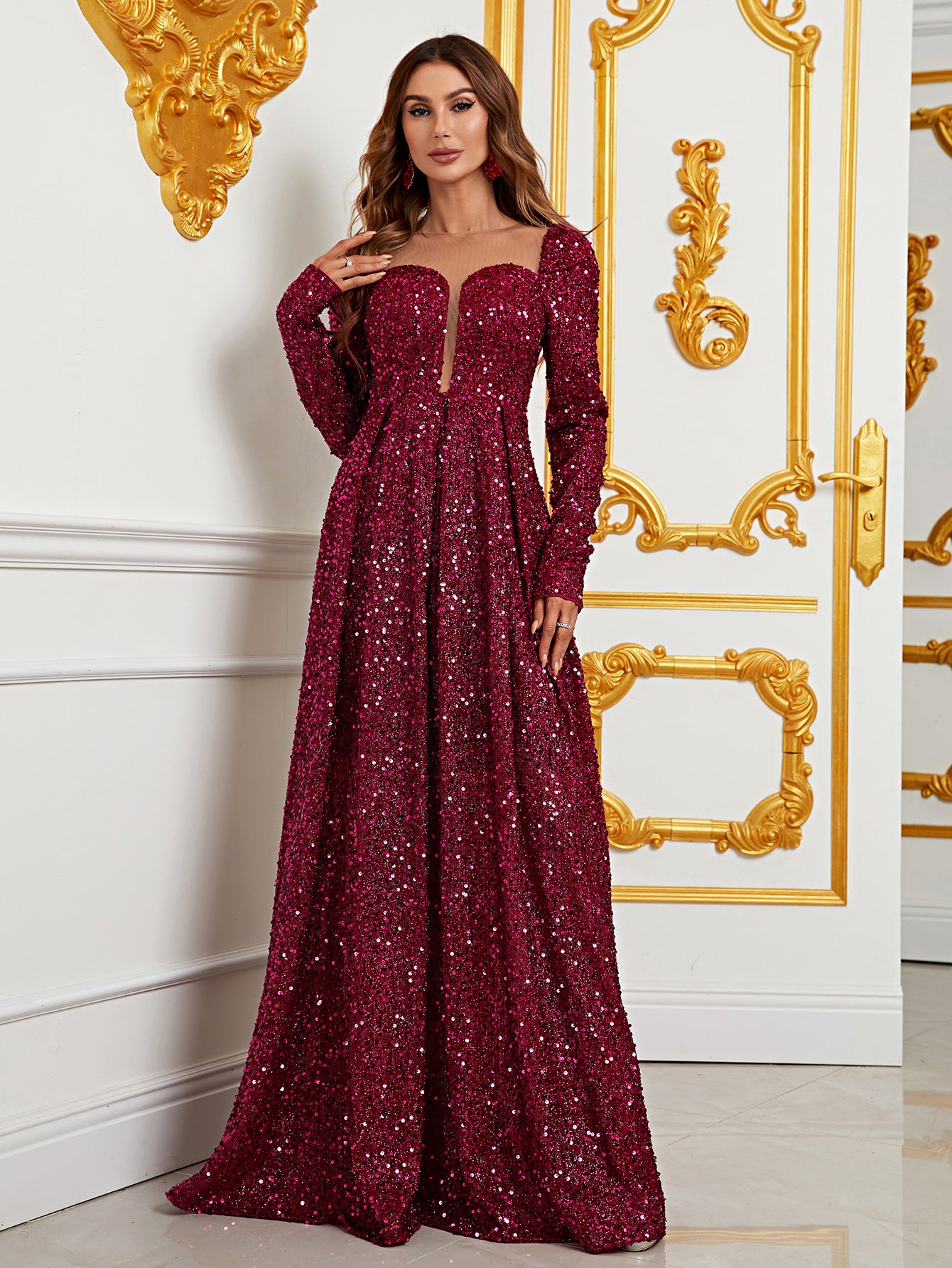 Sweetheart Neck Long Sleeve Sequin A Line Dresses