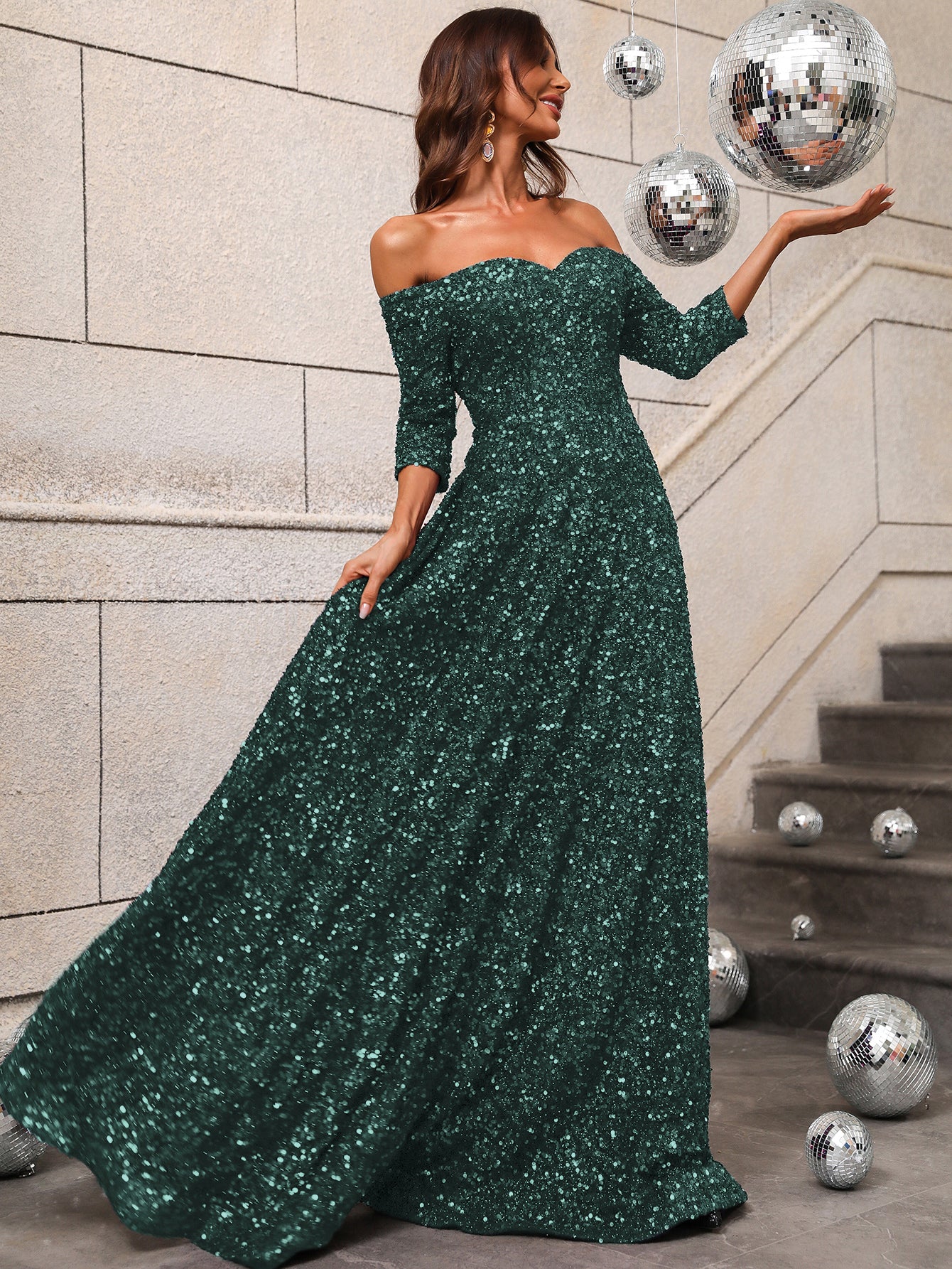 3/4 Sleeve Sweetheart Sequin A Line Dresses