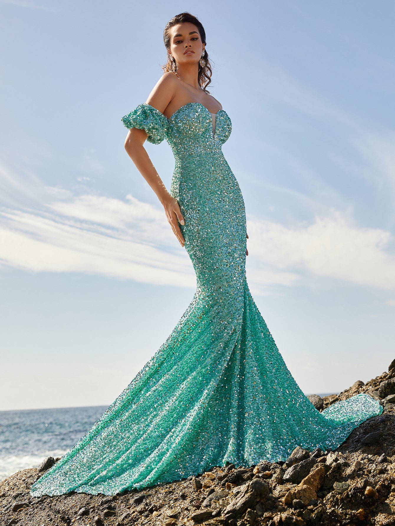 Elegant Off Shoulder Puff Sleeve Sequin Mermaid Dresses
