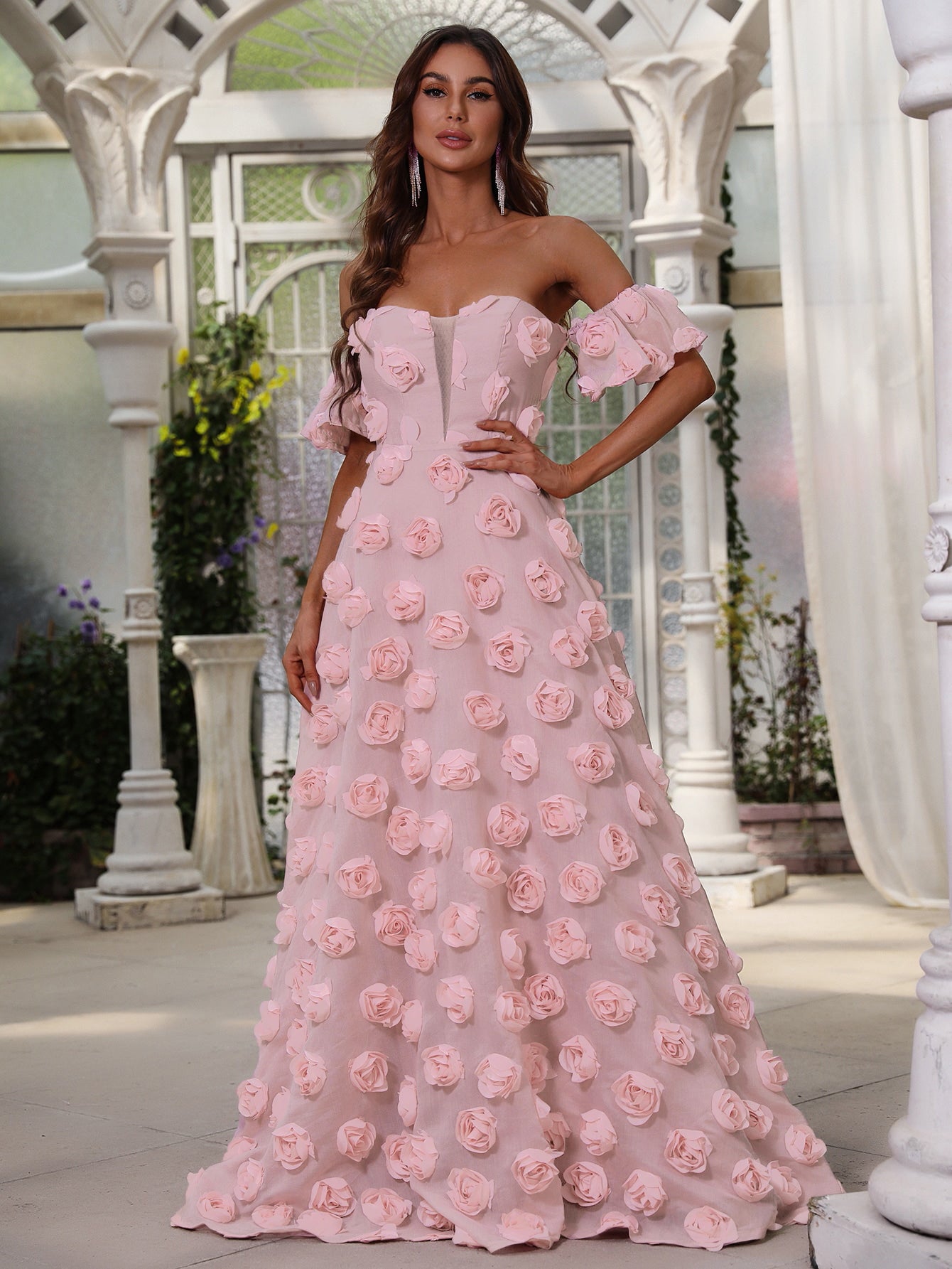 Elegant Off Shoulder Pink 3D Flower A-Line Dresses