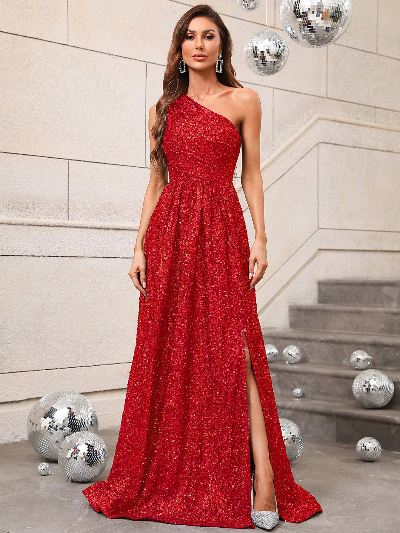 Sleeveless One Shoulder Sequin A Line Prom Dresses