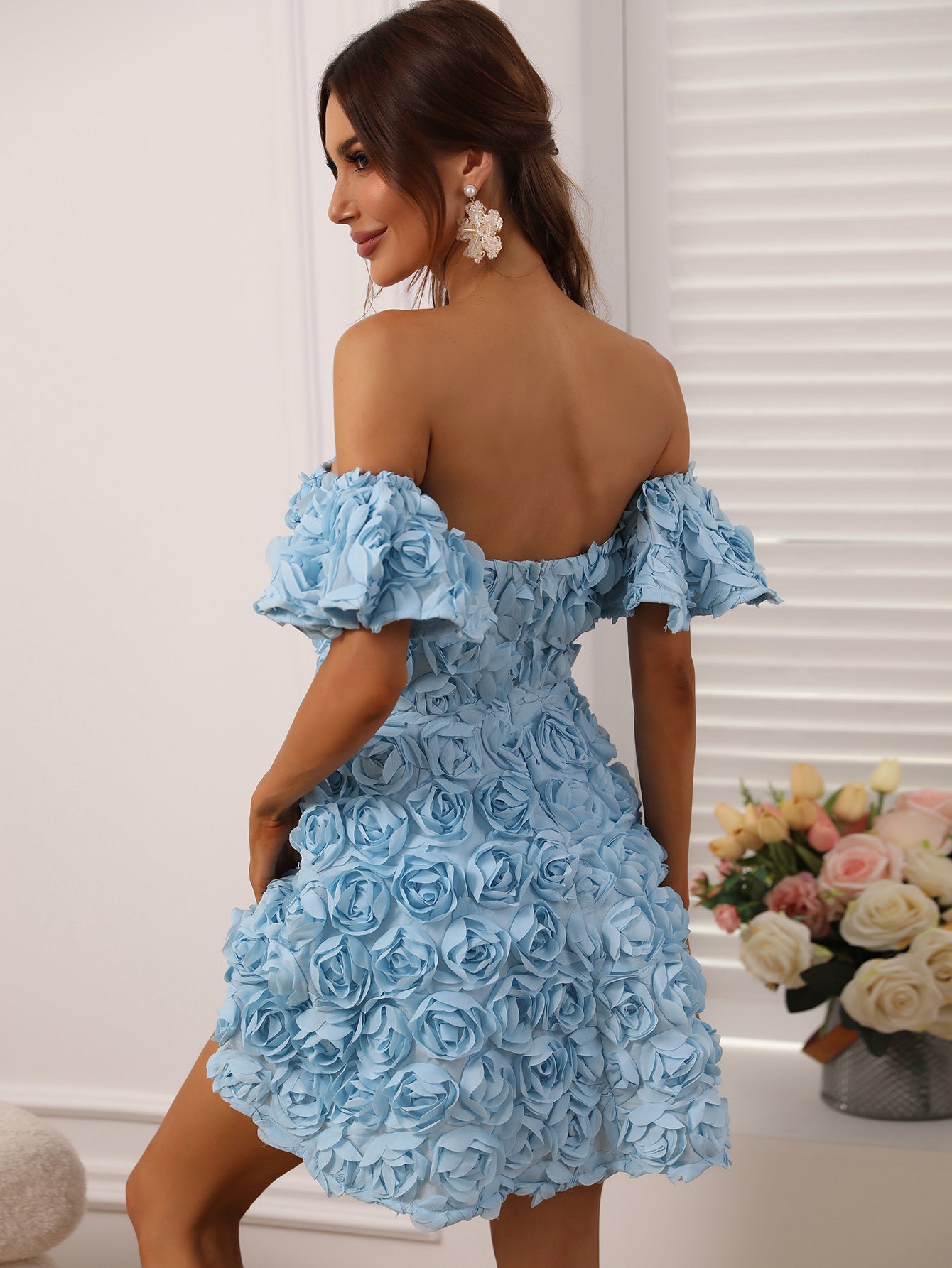 Elegant Off Shoulder Short Sleeve 3D Flower Graduation Dress