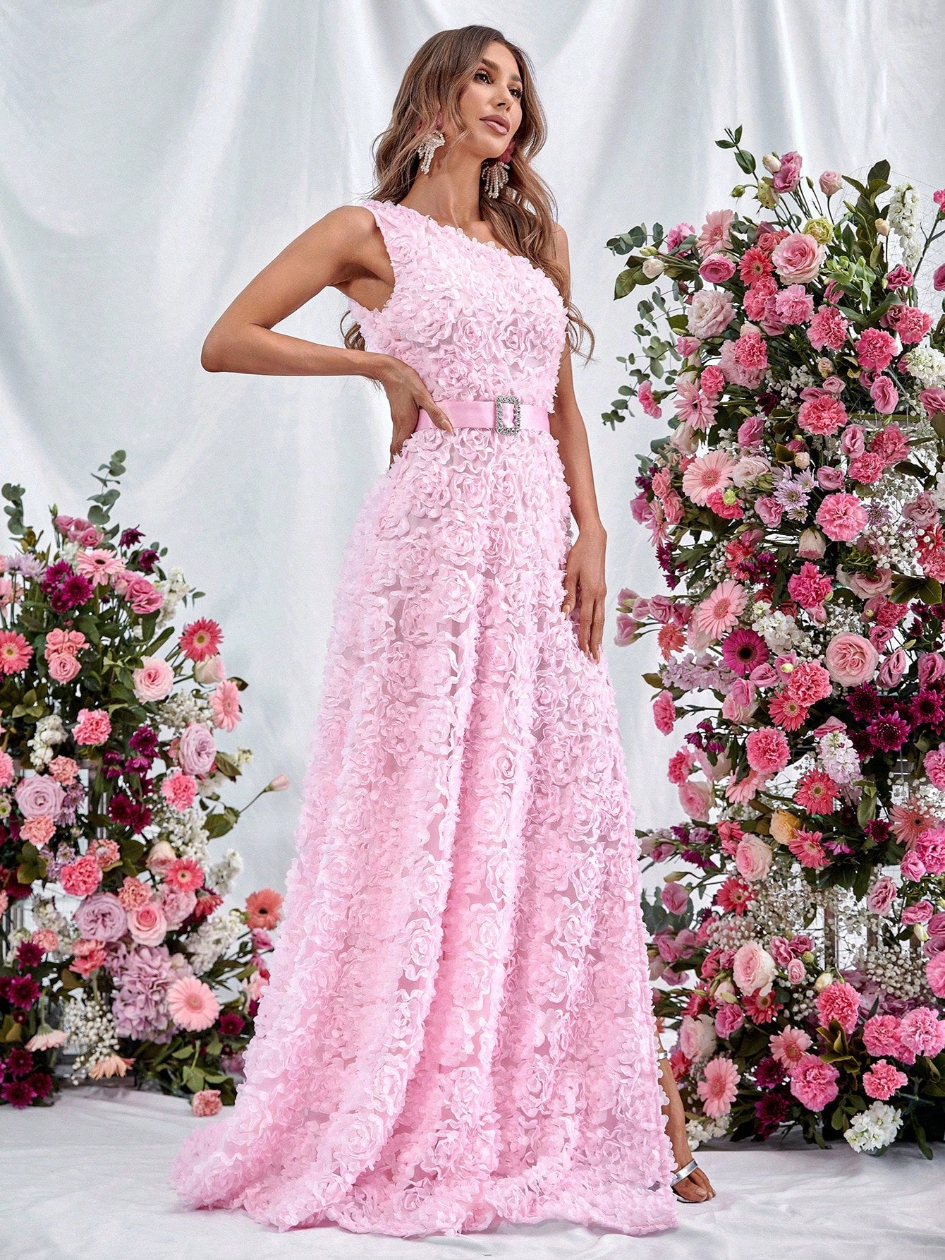 One Shoulder Sleeveless Pink 3D Flower A-Line Dresses