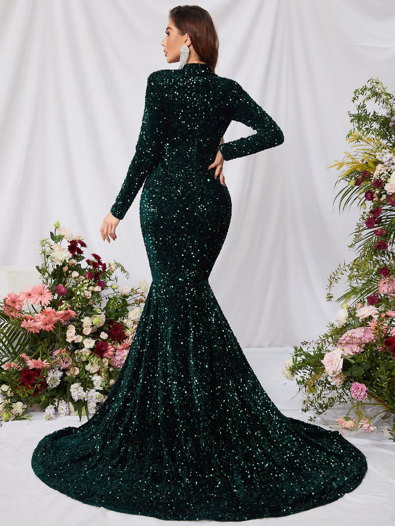 Cut Out Front Stand Neck Long Sleeve Sequin Mermaid Dress