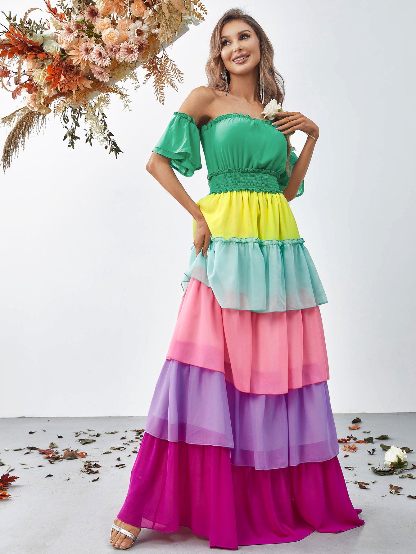 Off Shoulder Ruffle Sleeve Color Block Chiffon Layered Dresses