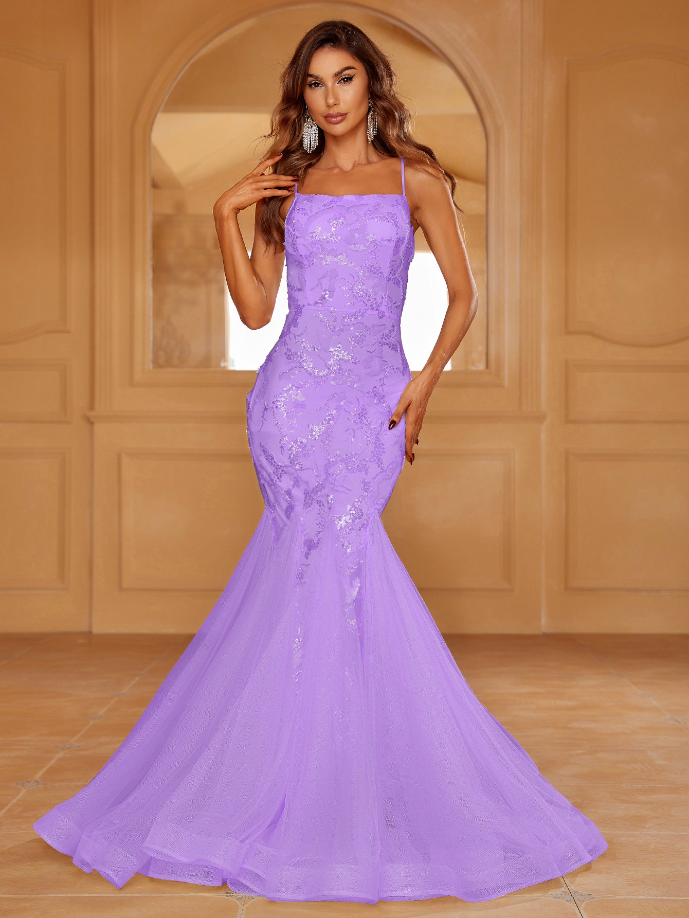 Spaghetti Strap Lace Up Backless Sequin Mermaid Dresses