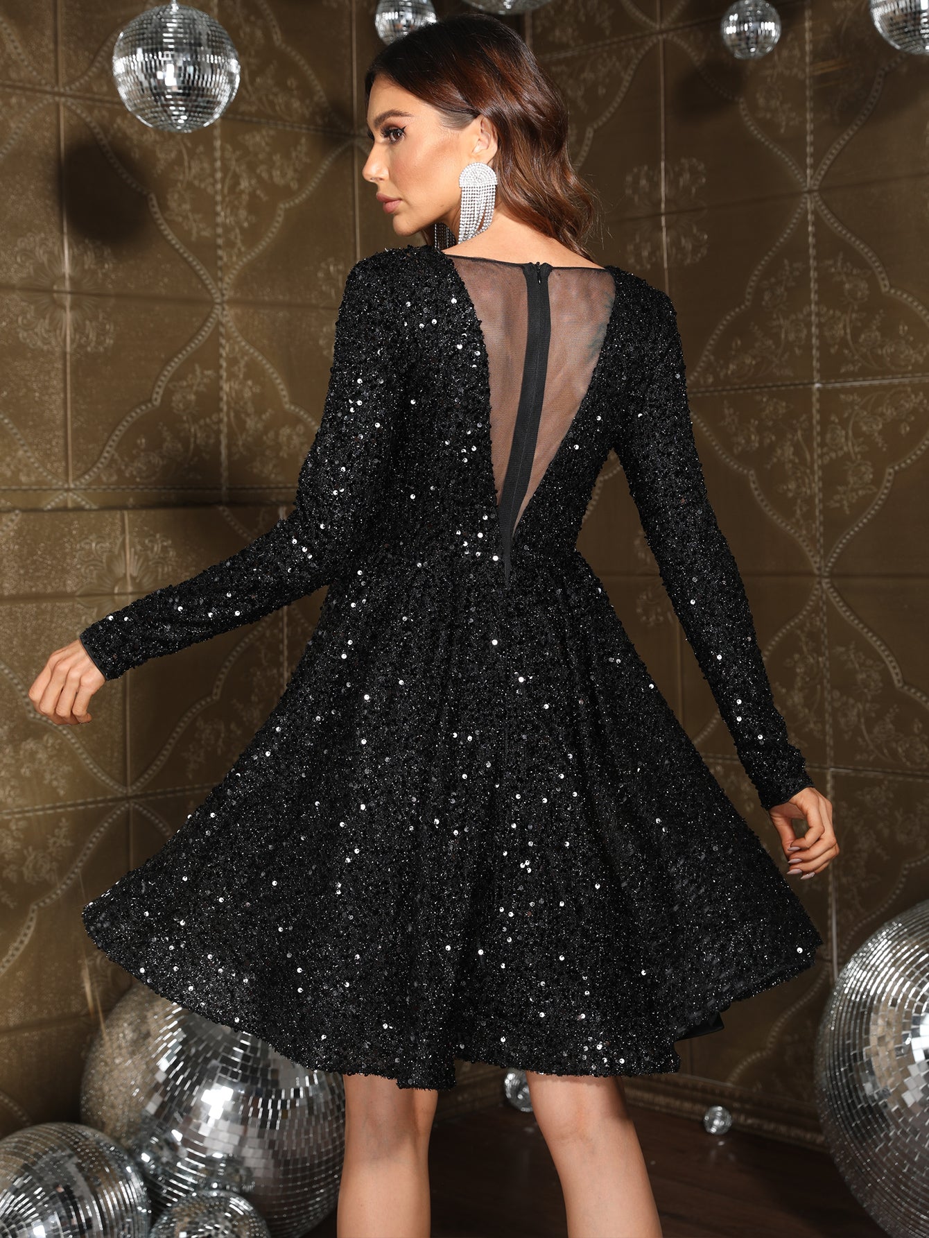 Black Long Sleeve Sequin Mini A Line Cocktail Dress