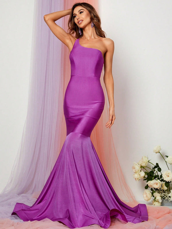 Purple One Shoulder Sleeveless Satin Mermaid Dresses