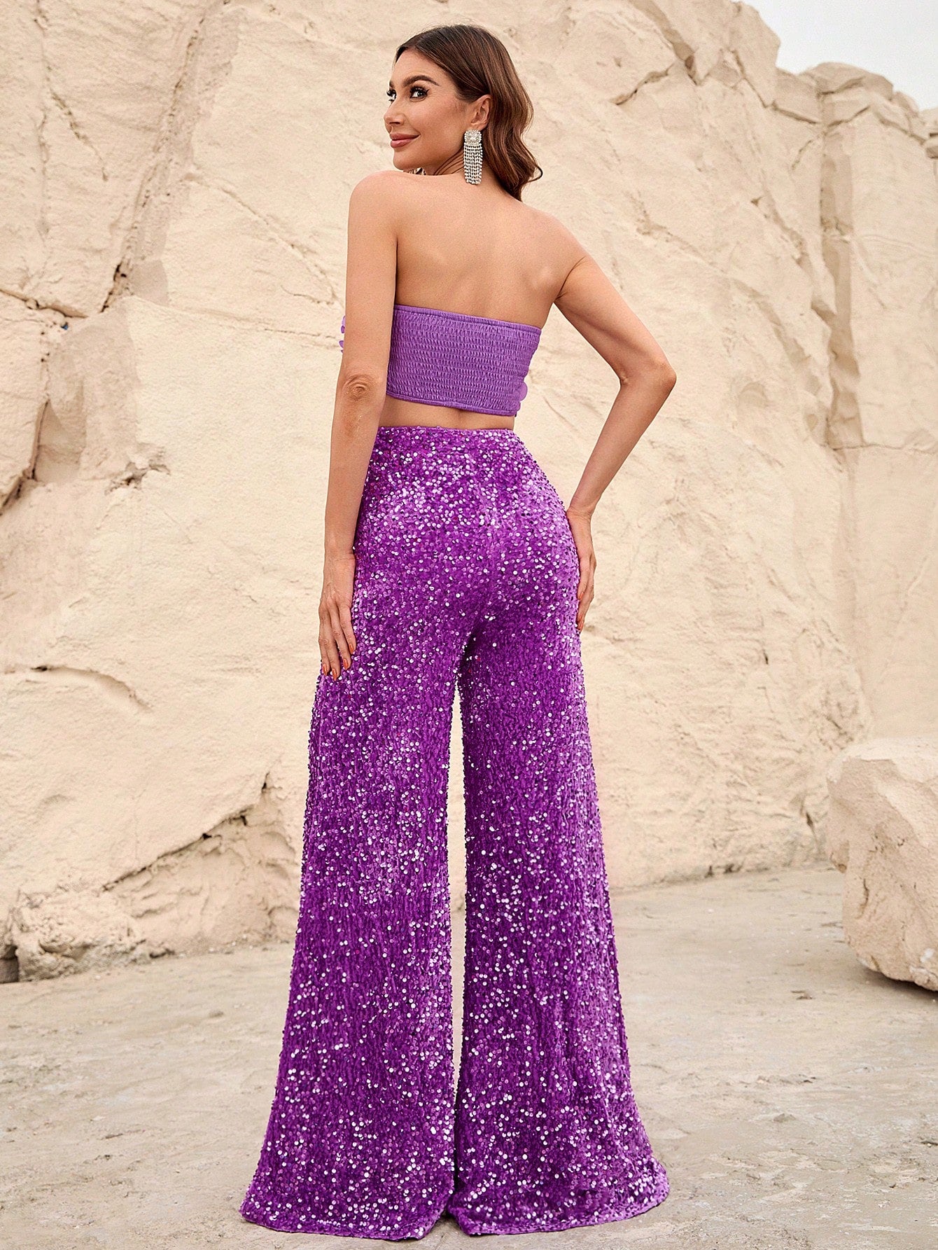 Fancy Purple Two Piece Sequin Set Top With 3D Flower