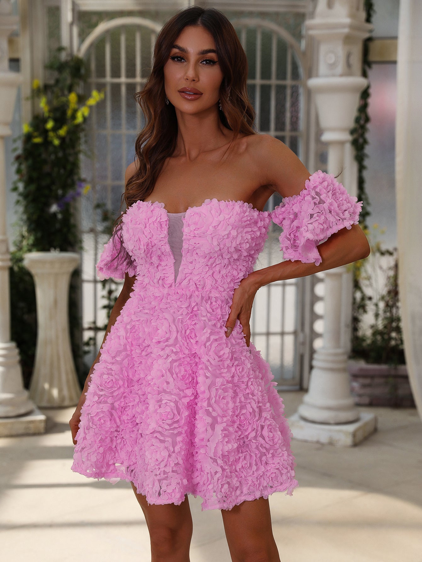 Elegant Off Shoulder Short Sleeve 3D Flower Dresses