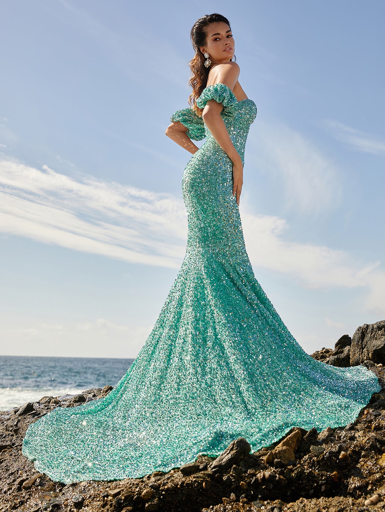 Elegant Off Shoulder Puff Sleeve Sequin Mermaid Dresses