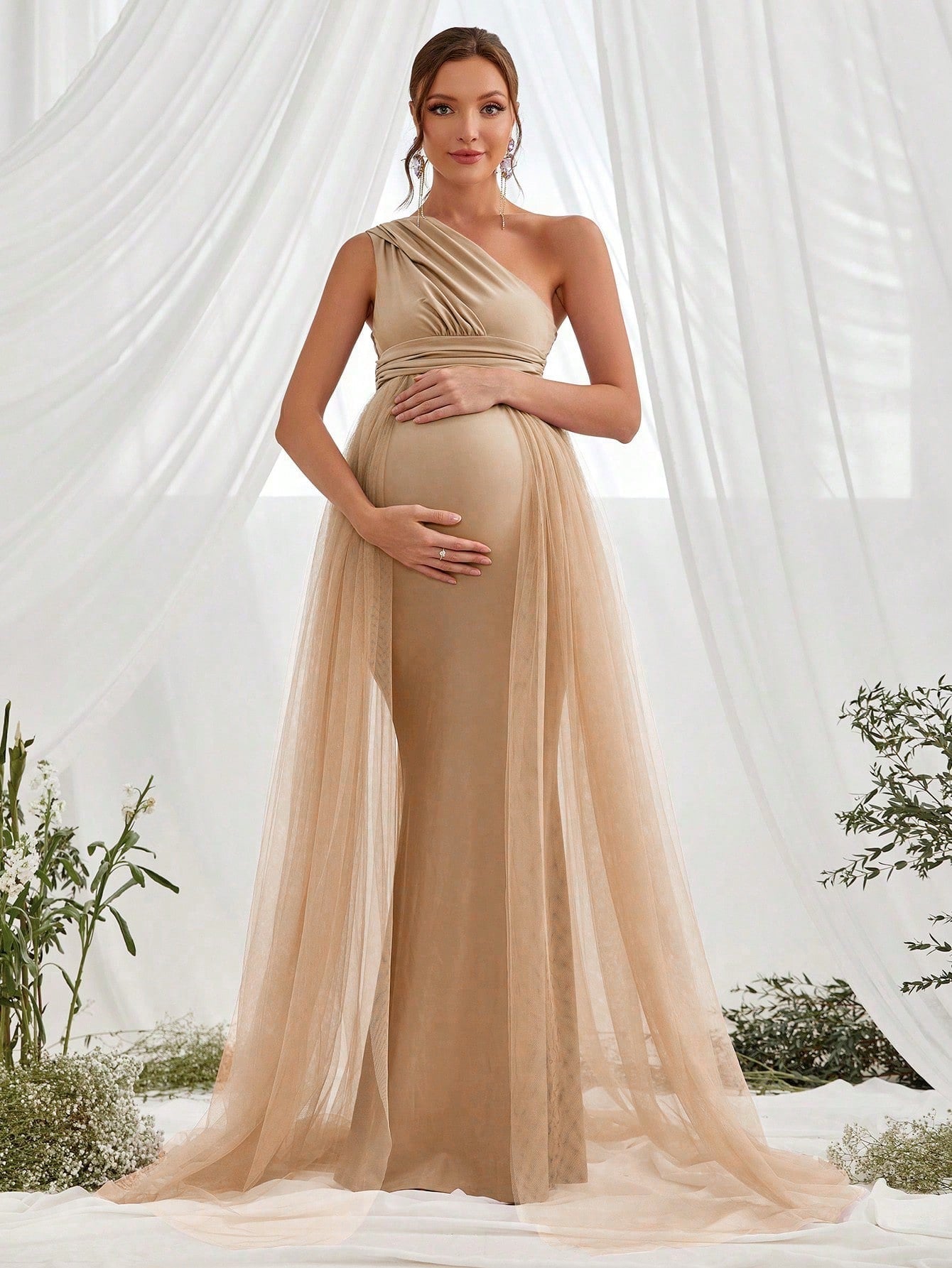 Maternity One Shoulder Sleeveless Contrast Mesh Dress