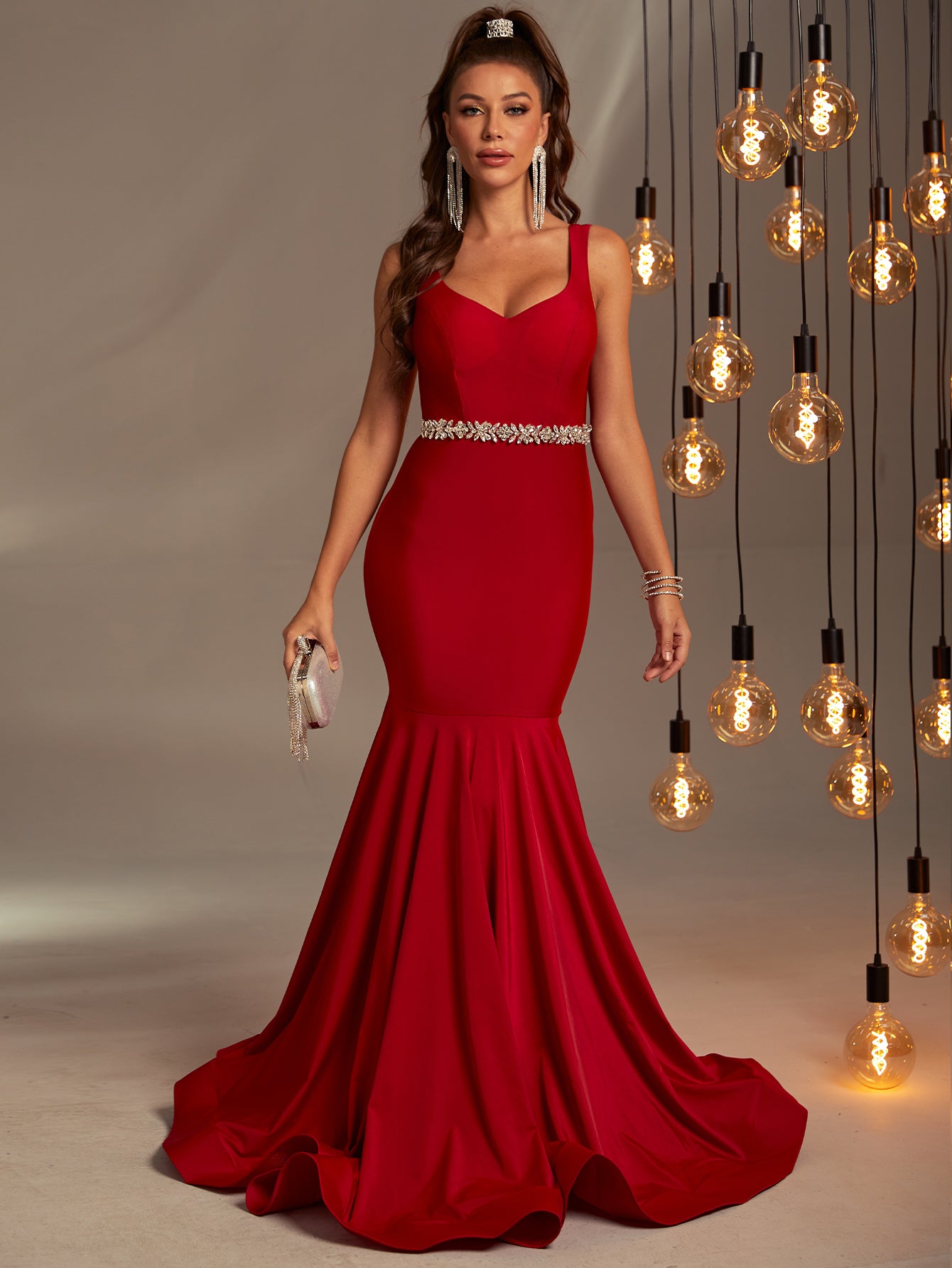 Red Corset Prom Dress Strap Sleeveless Satin Mermaid Gowns