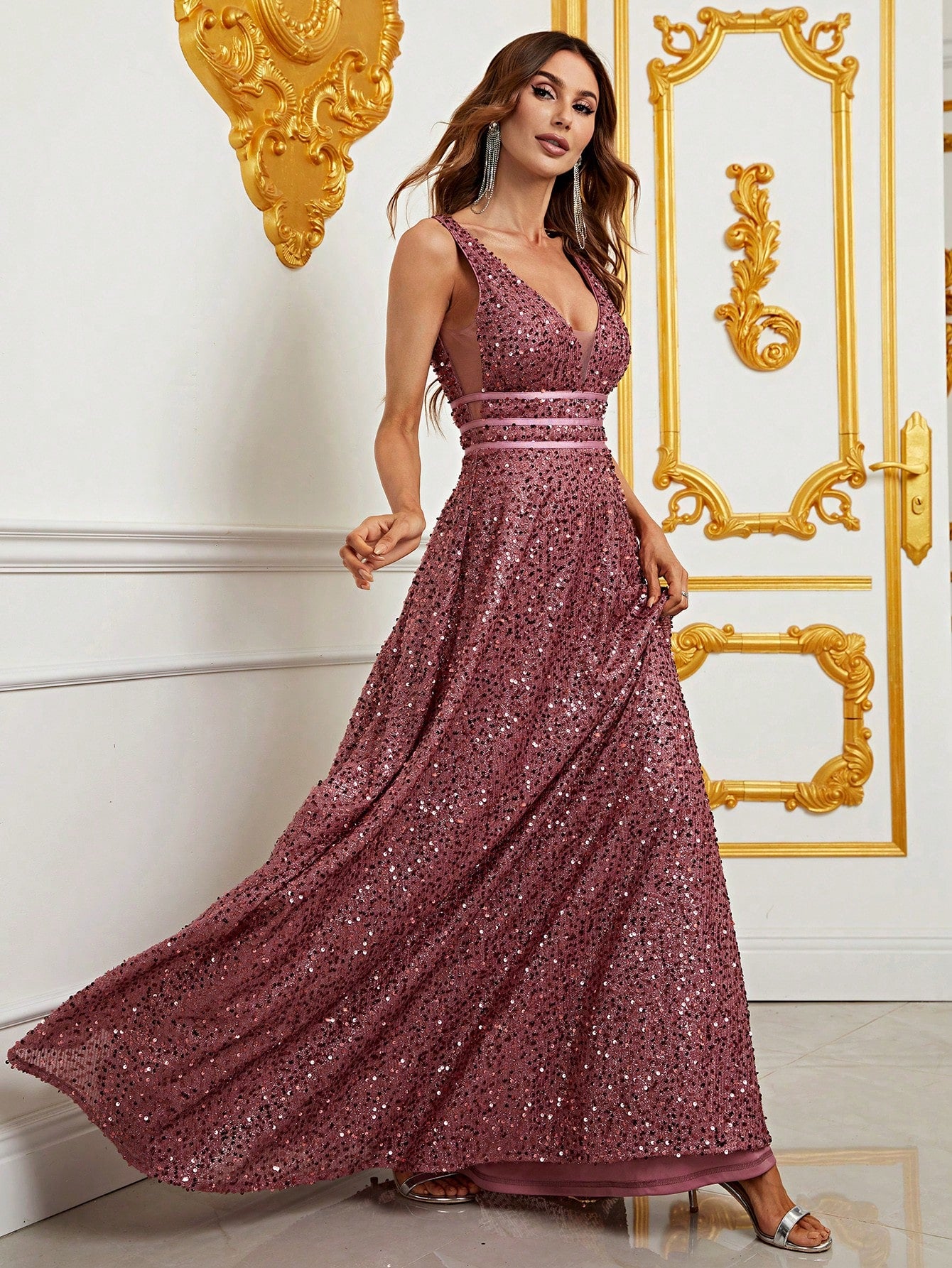 Elegant Deep V Neck Sequin A Line Prom Dresses