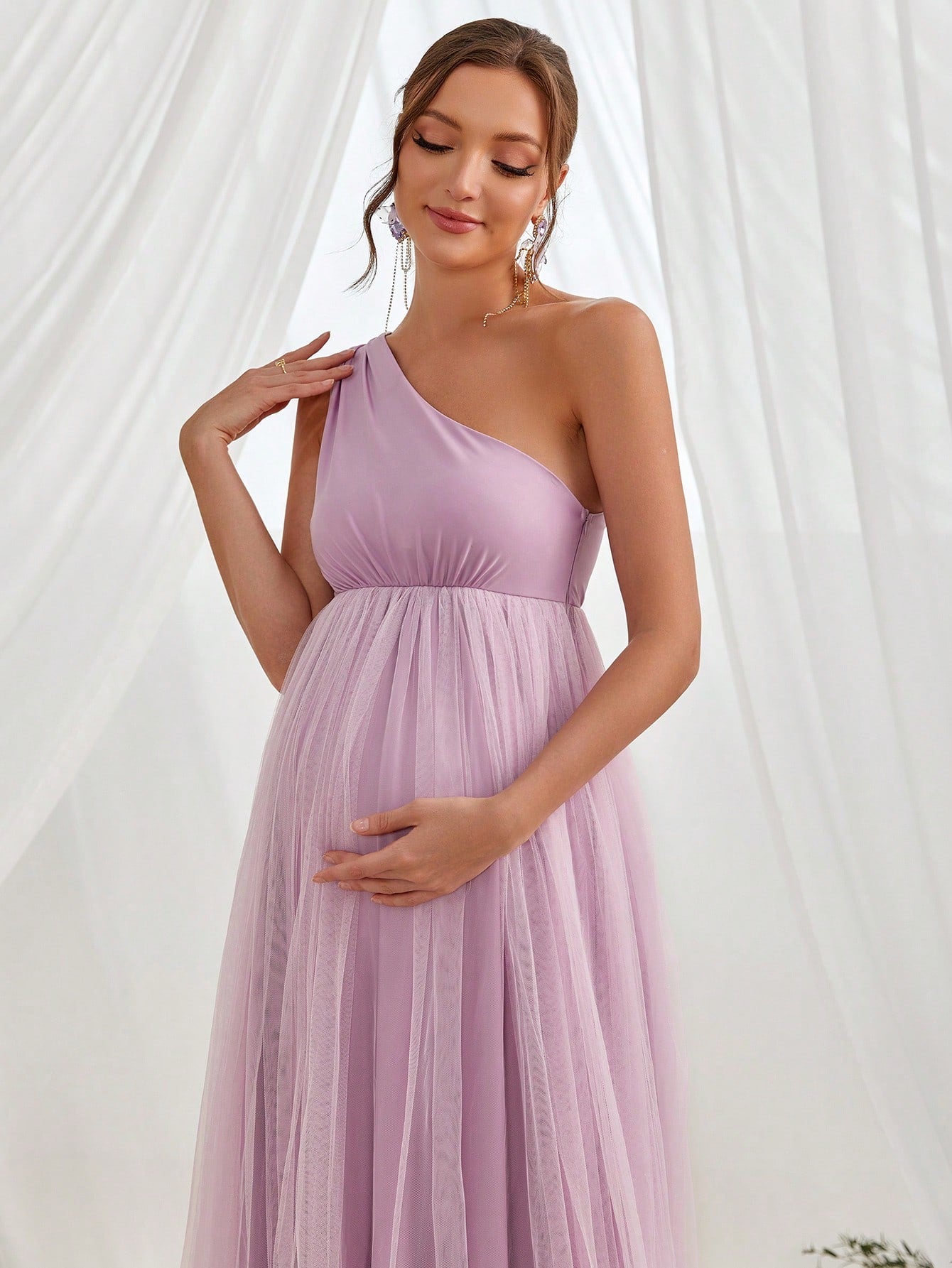 One Shoulder Sleeveless Contrast Mesh Maternity Dress