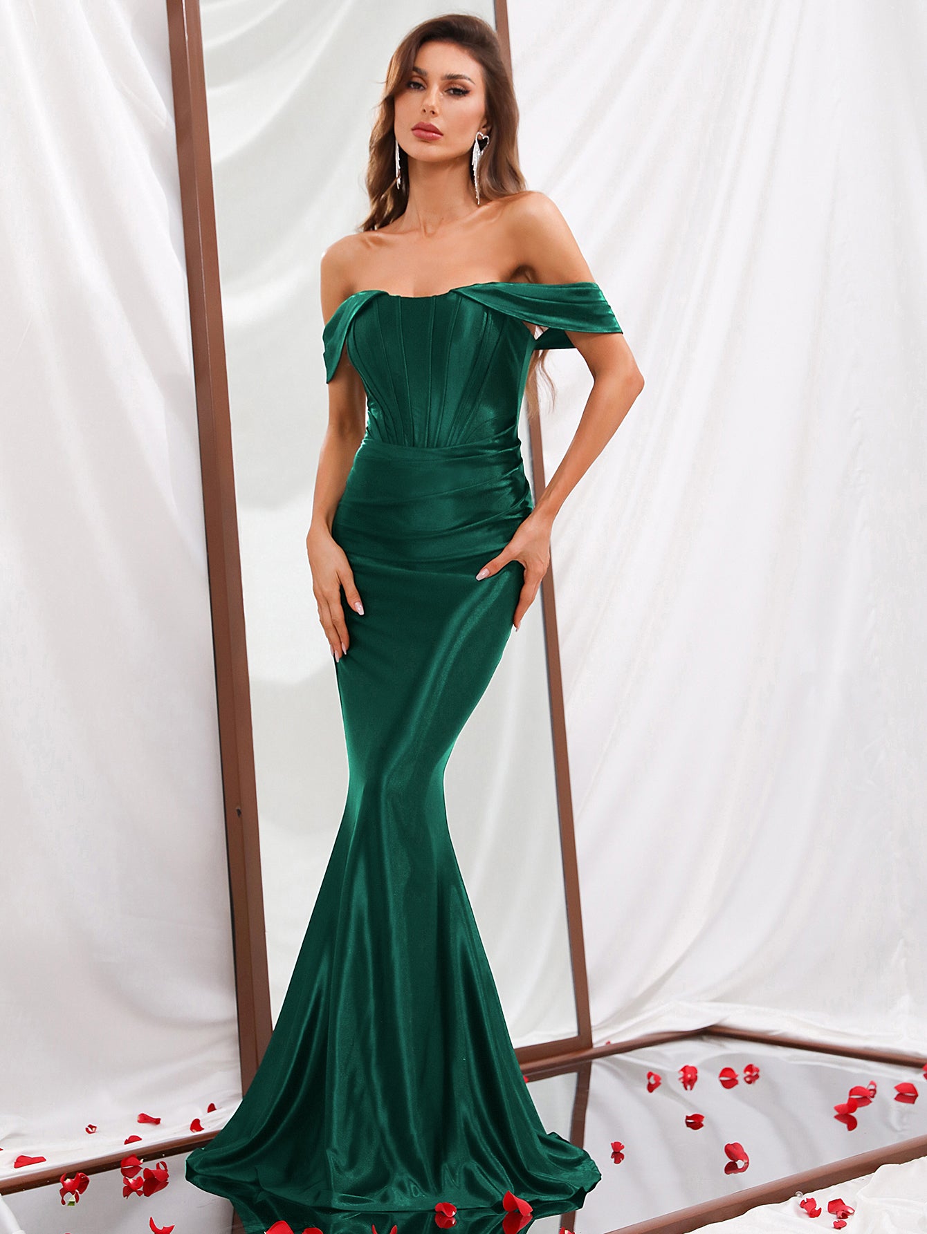 Elegant Pleated Off Shoulder Satin Mermaid Dresses Dark green / S Elegant Pleated Off Shoulder Satin Mermaid Dresses Dark green / S