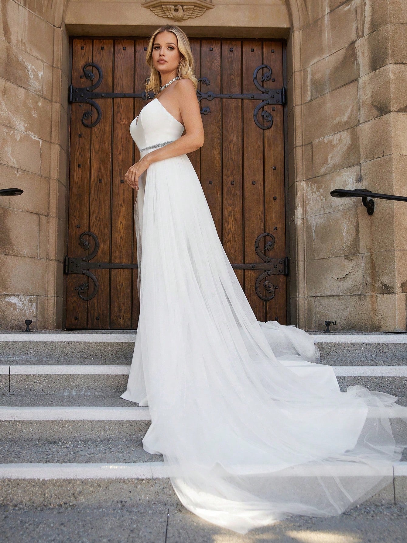 Mesh Overlay Rhinestone Waistband Tube Wedding Dress