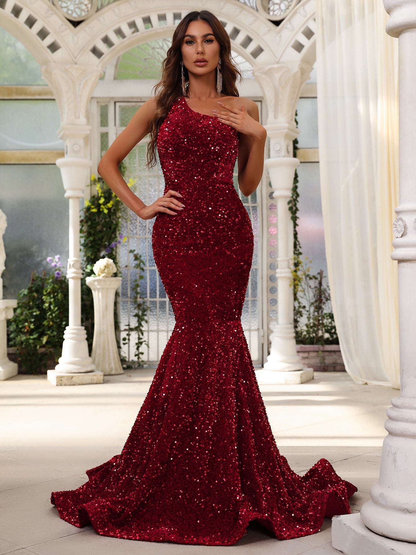 mermaid one shoulder prom dress Elegant One Shoulder Sleeveless Sequin Mermaid Prom Dresses Burgundy / L mermaid one shoulder prom dress Elegant One Shoulder Sleeveless Sequin Mermaid Prom Dresses Burgundy / L