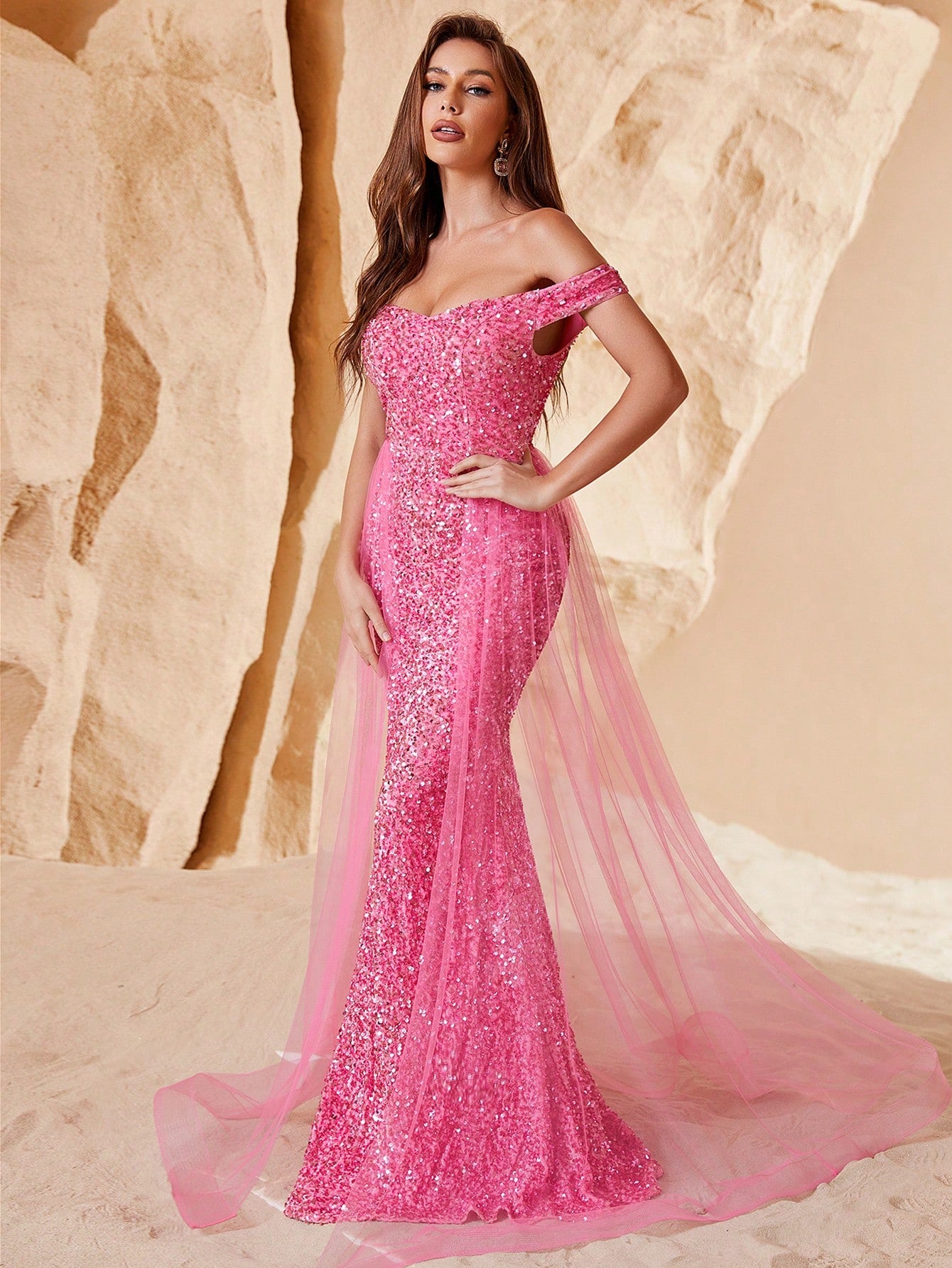 Off Shoulder Sequin Mermaid Dresses Pink Mesh Layer On Waist