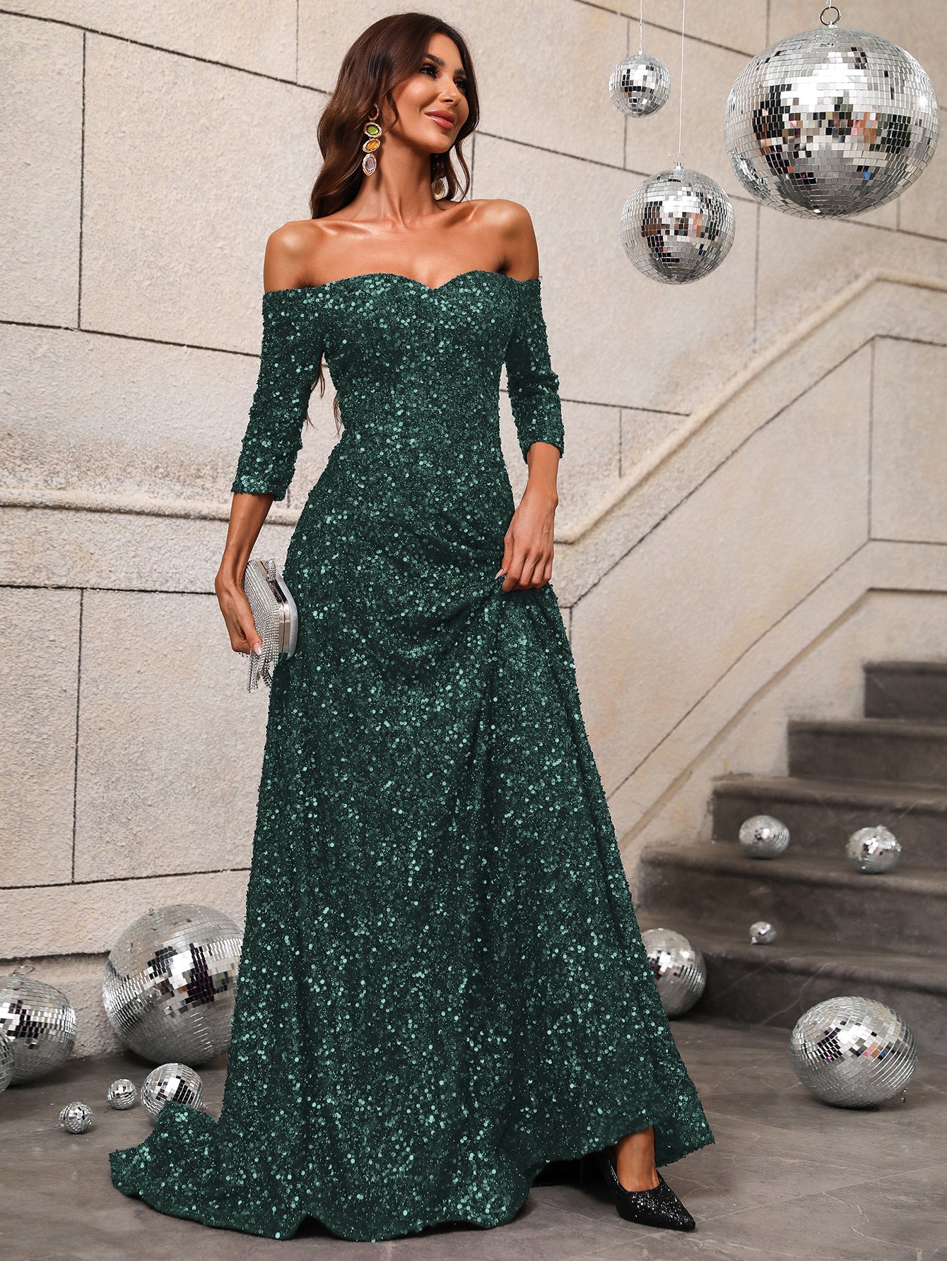 3/4 Sleeve Sweetheart Sequin A Line Dresses