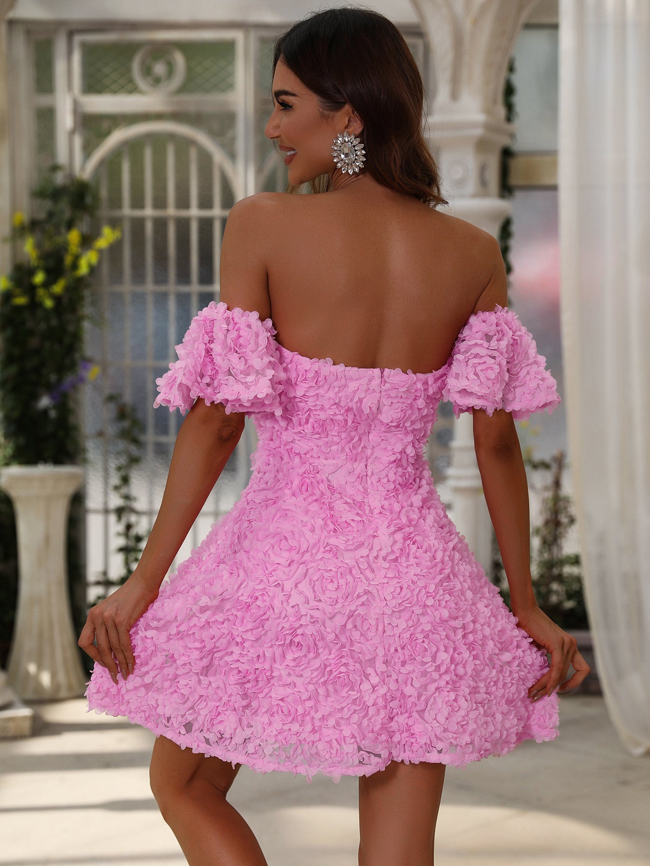 Elegant Off Shoulder Short Sleeve 3D Flower Dresses