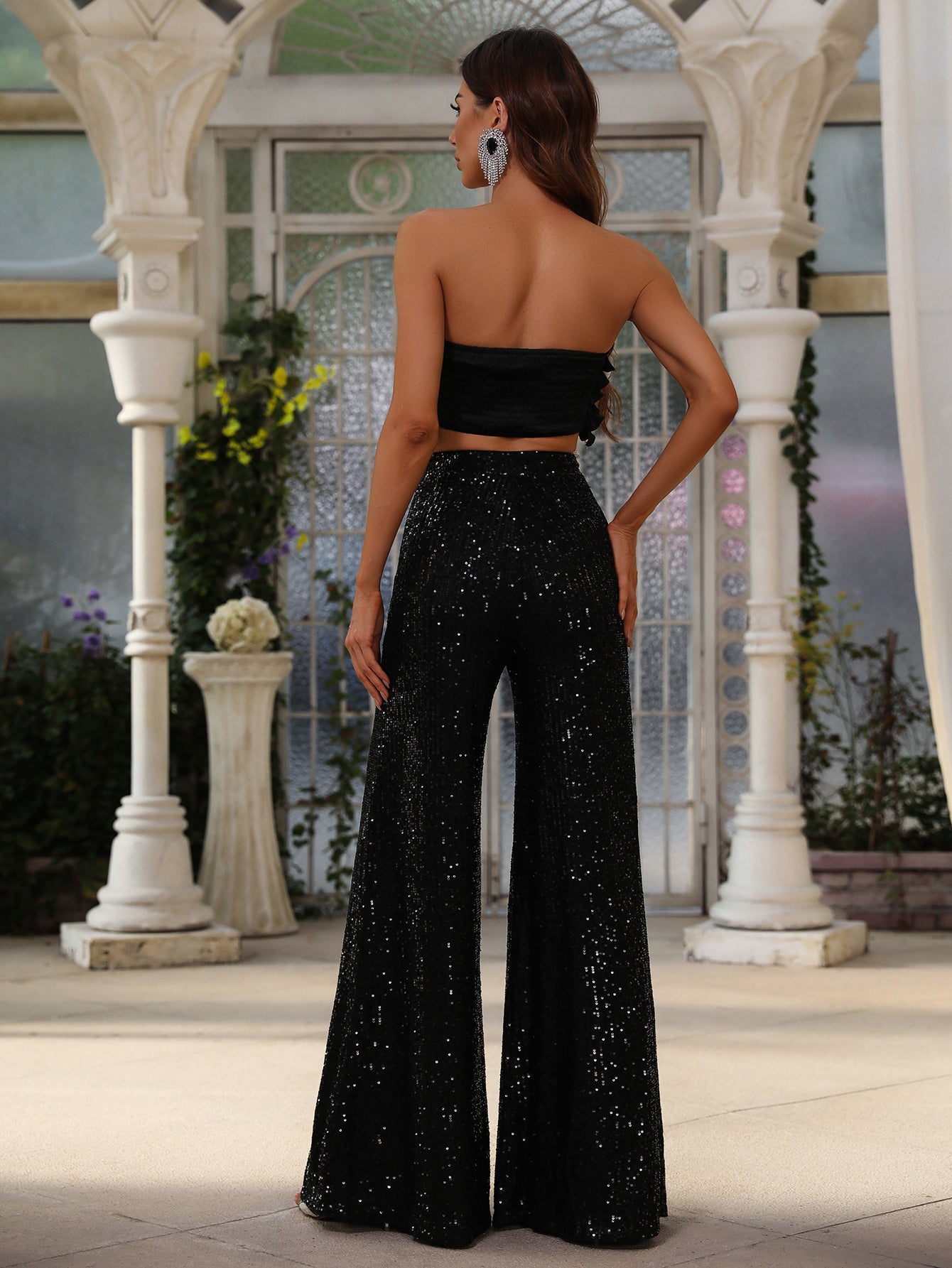 Fancy Black Two Piece Sequin Set Top With Ruffles