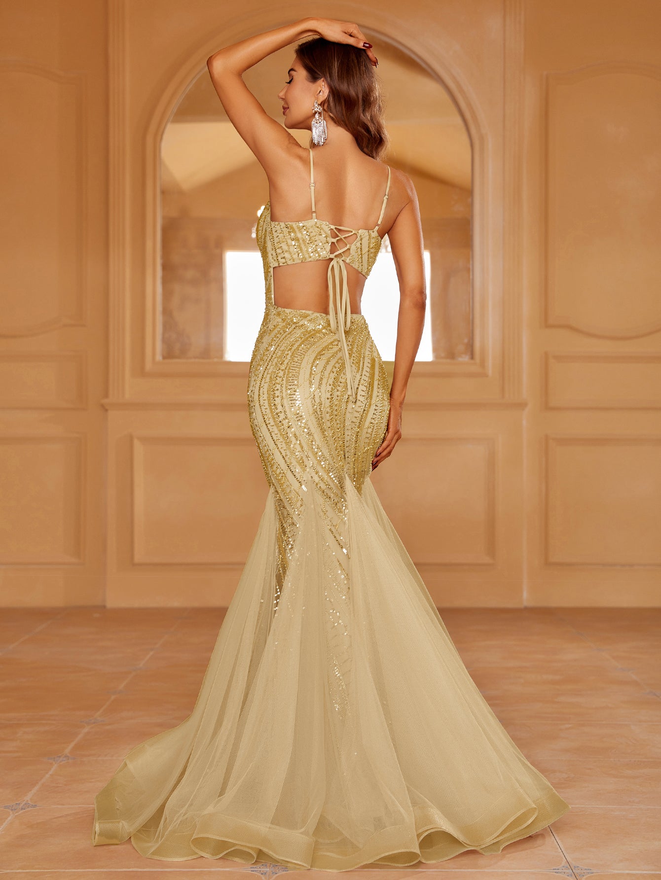 Spaghetti Strap Lace Up Backless Sequin Mermaid Dress