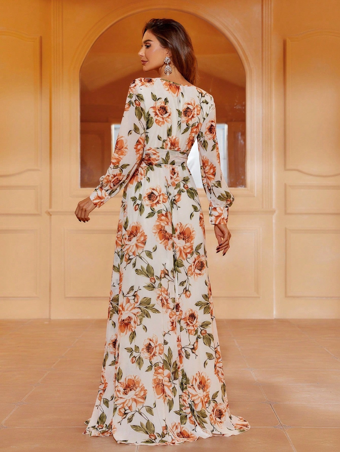 Elegant V Neck Long Sleeve Chiffon Floral Print Dress