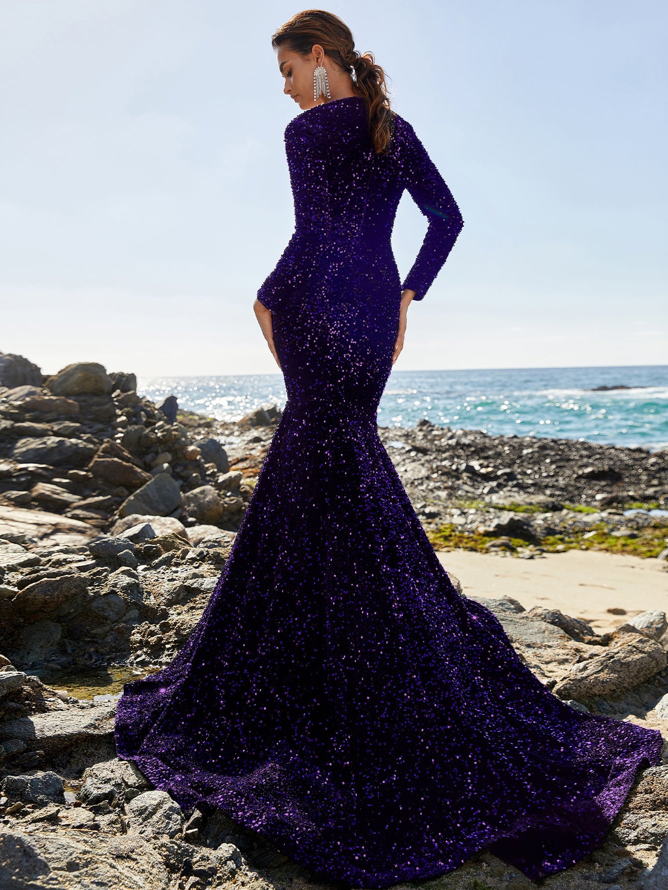 Elegant V Neck Long Sleeve Purple Sequin Prom Dresses