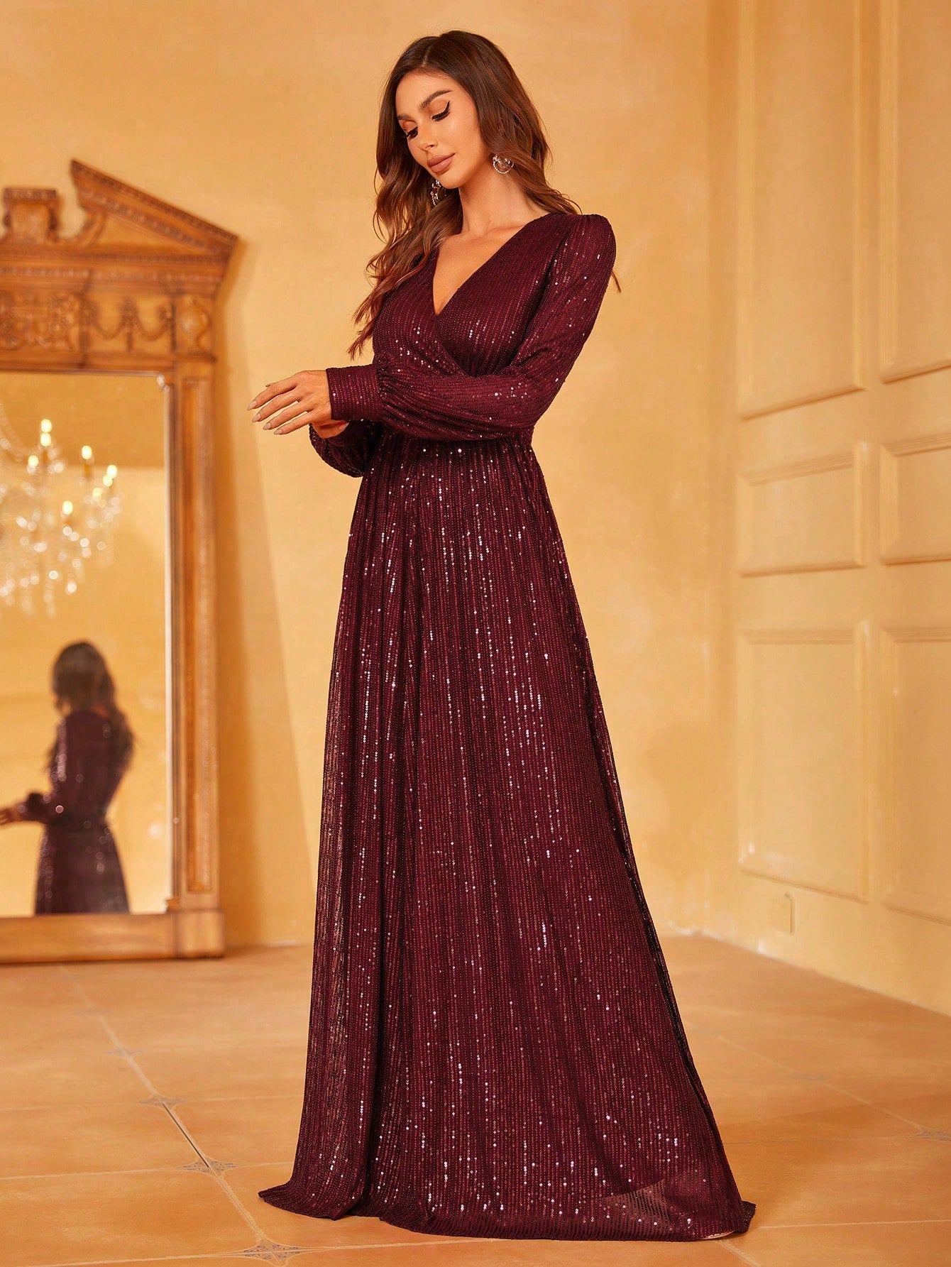 Elegant V Neck Lantern Sleeve Sequin A Line Dresses Faeriesty Elegant V Neck Lantern Sleeve Sequin A Line Dresses Faeriesty