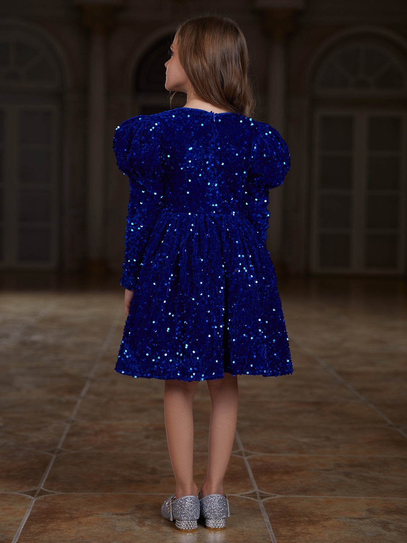 Girl's Gigot Sleeve Bow Decor Sequin Midi Dress