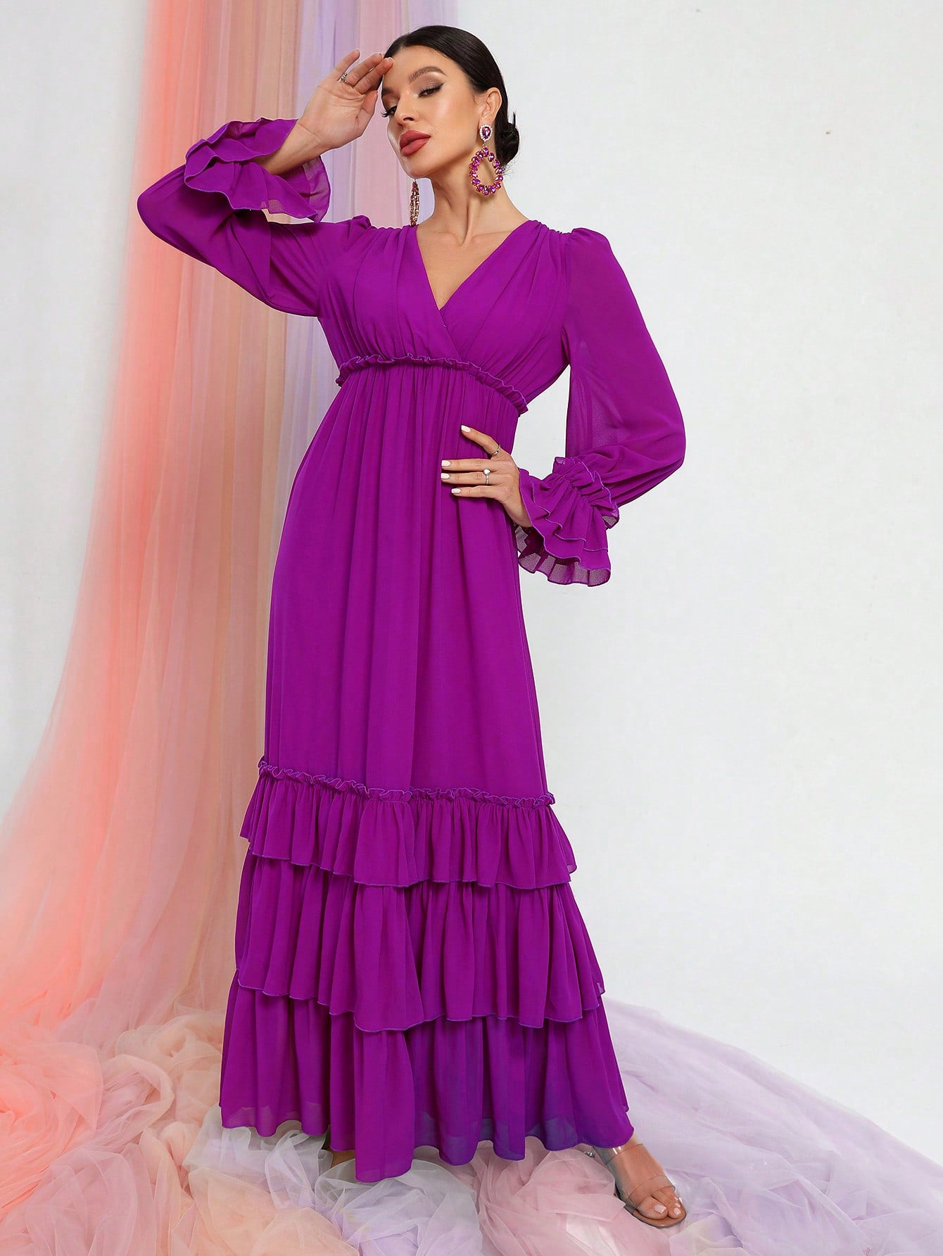 Layered Ruffle Hem V Neck Lantern Sleeve Chiffon Dress Purple / M Layered Ruffle Hem V Neck Lantern Sleeve Chiffon Dress Purple / M