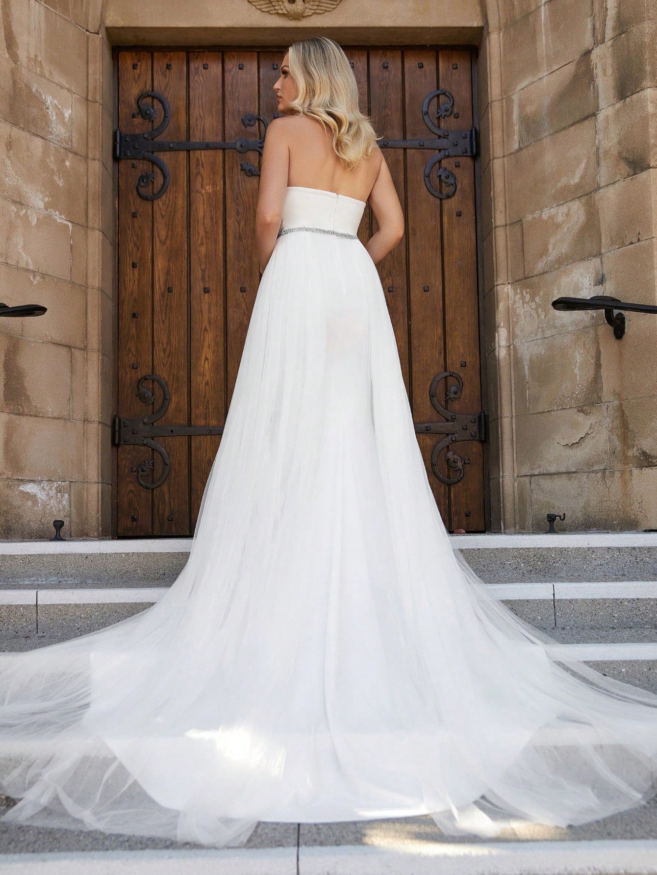 Mesh Overlay Rhinestone Waistband Tube Wedding Dress