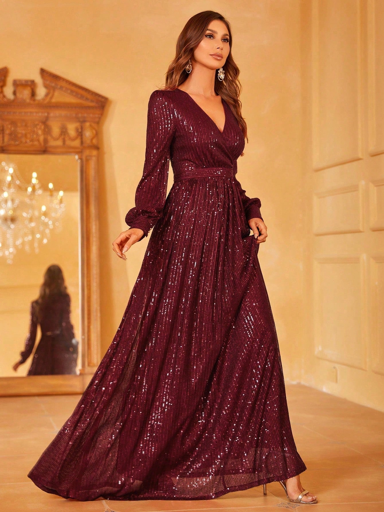 Elegant V Neck Lantern Sleeve Sequin A Line Dresses Burgundy / Xs Elegant V Neck Lantern Sleeve Sequin A Line Dresses Burgundy / Xs