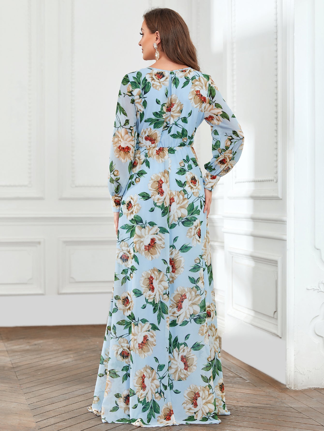 Elegant V Neck Long Sleeve Chiffon Floral Print Dress