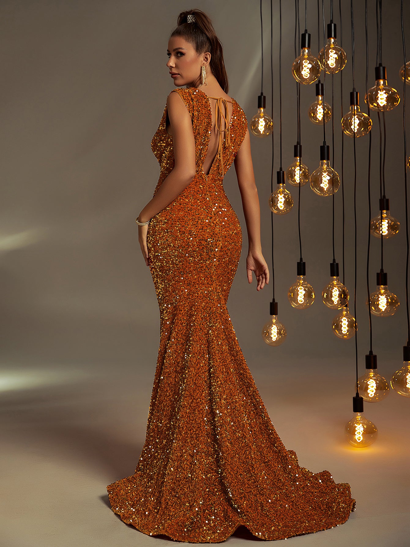 Elegant Deep V Backless Sequin Prom Dresses