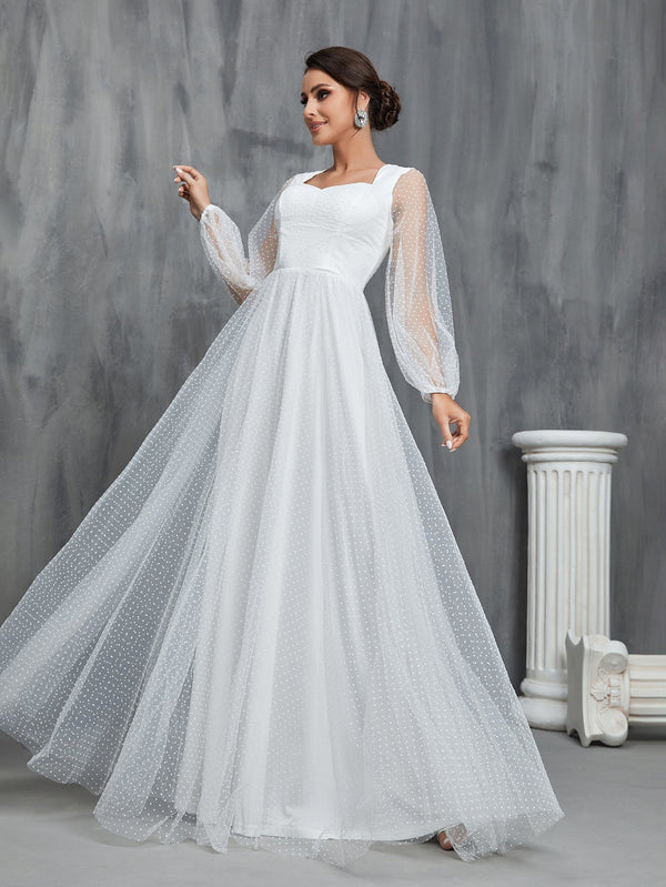 Sweetheart Neck Lantern Sleeve Dobby Mesh Wedding Dress
