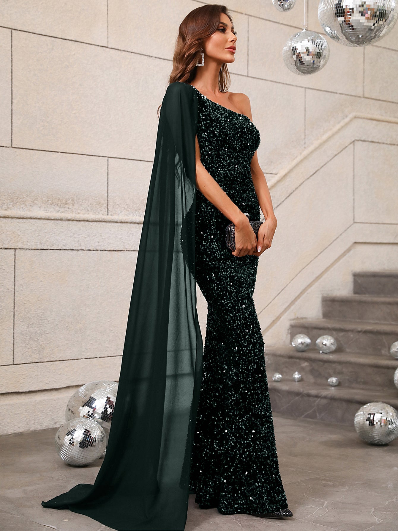 Elegant Sequin One Shoulder Sash Prom Dresses
