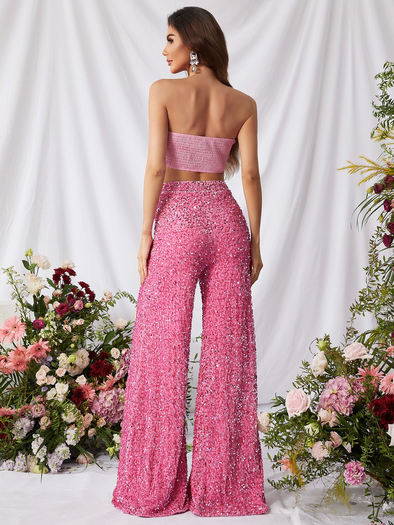 Fancy Pink Two Piece Sequin Set Top With 3D Flower