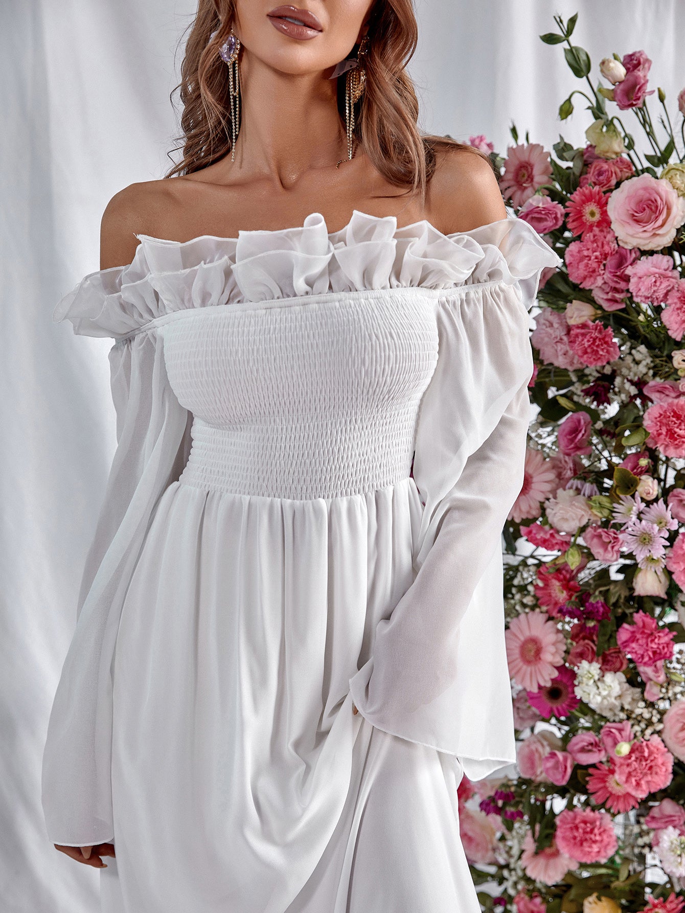 Off Shoulder Long Sleeve White Chiffon Dress With Ruffles On Top