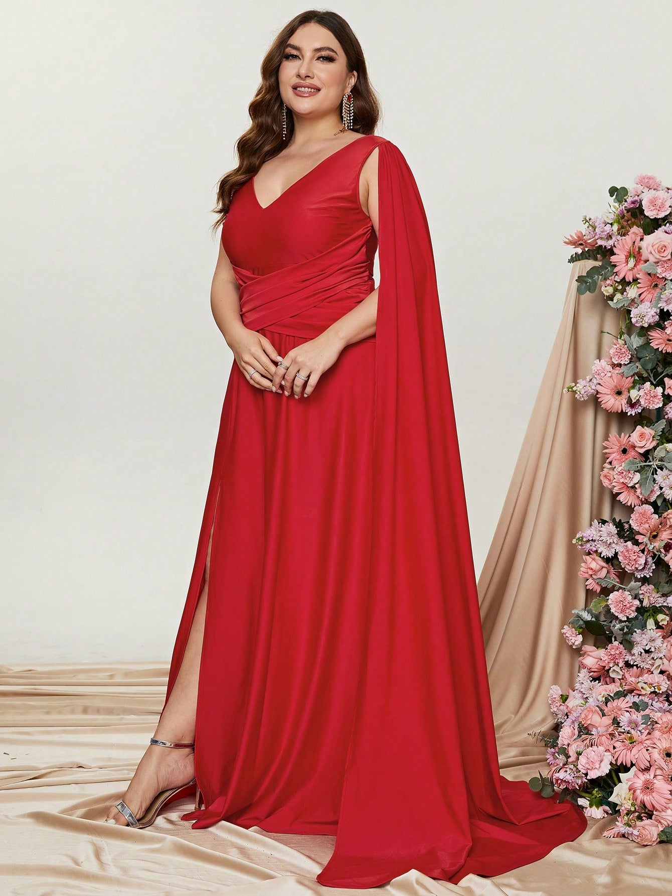 Plus Red Ruched Draped Side  A Line Dresses