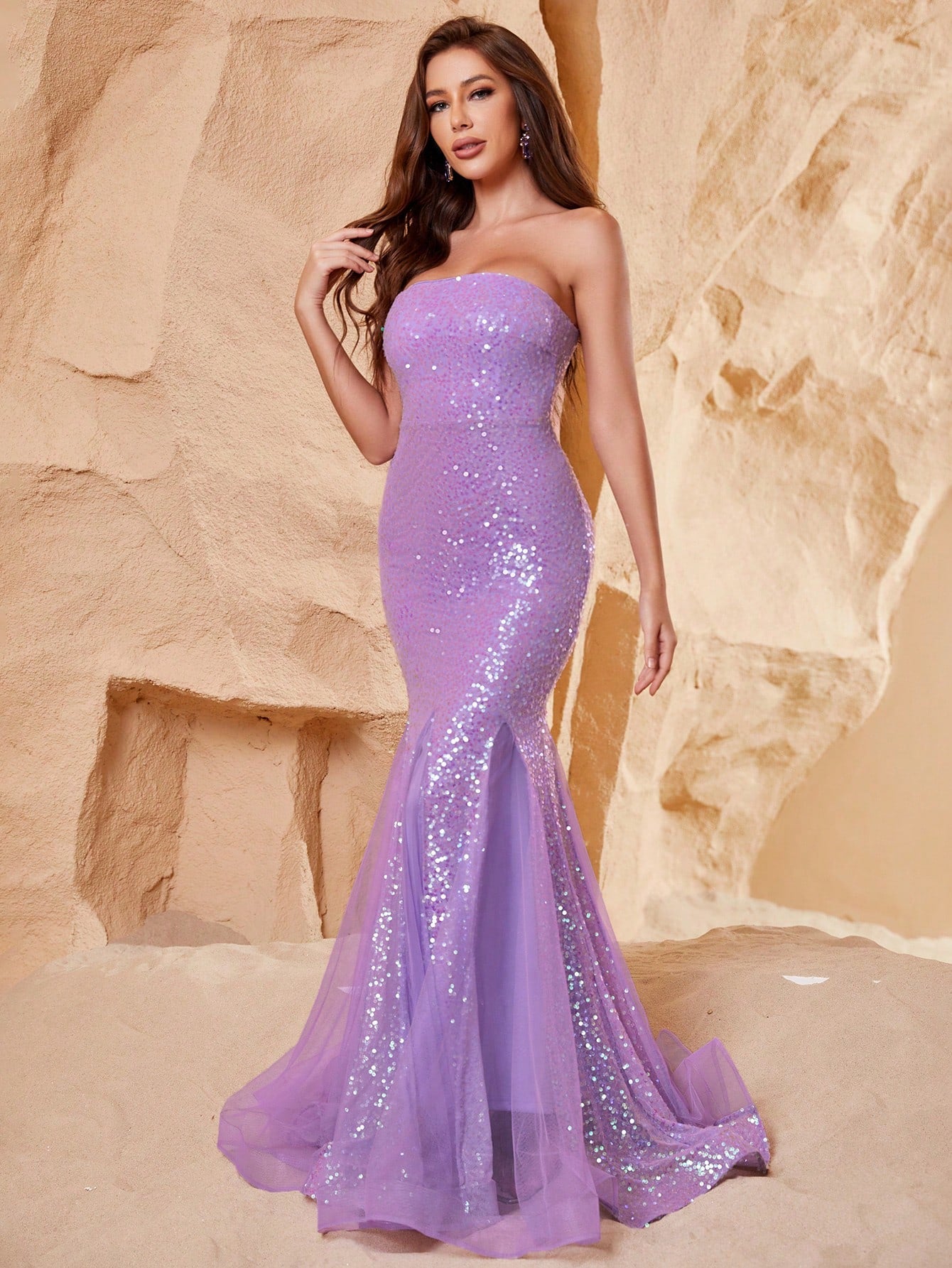 Violet Tube Sleeveless Mesh Insert Sequin Mermaid Dress