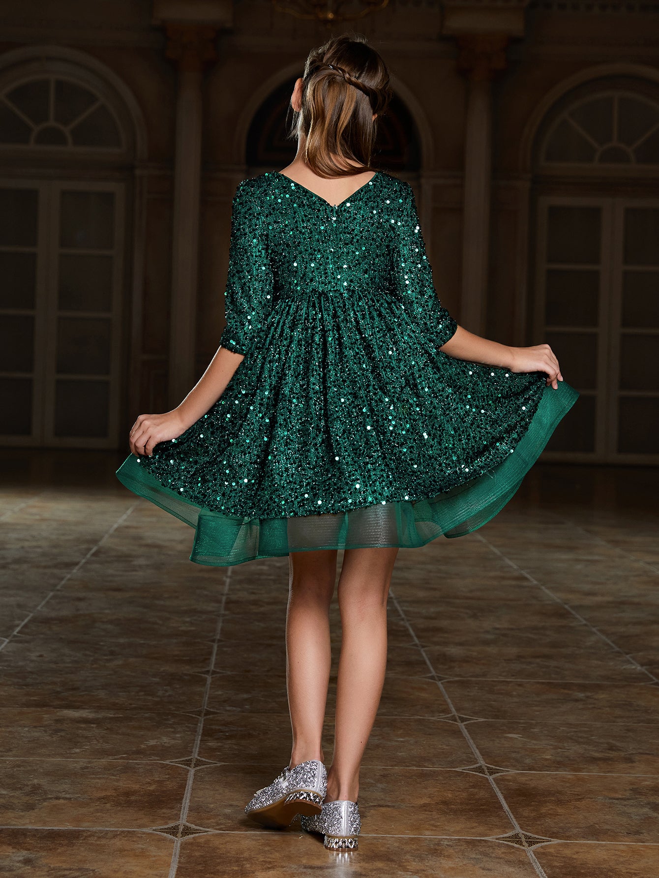Girl's Bow Detail 3/4 Sleeve Sequin Party Dress