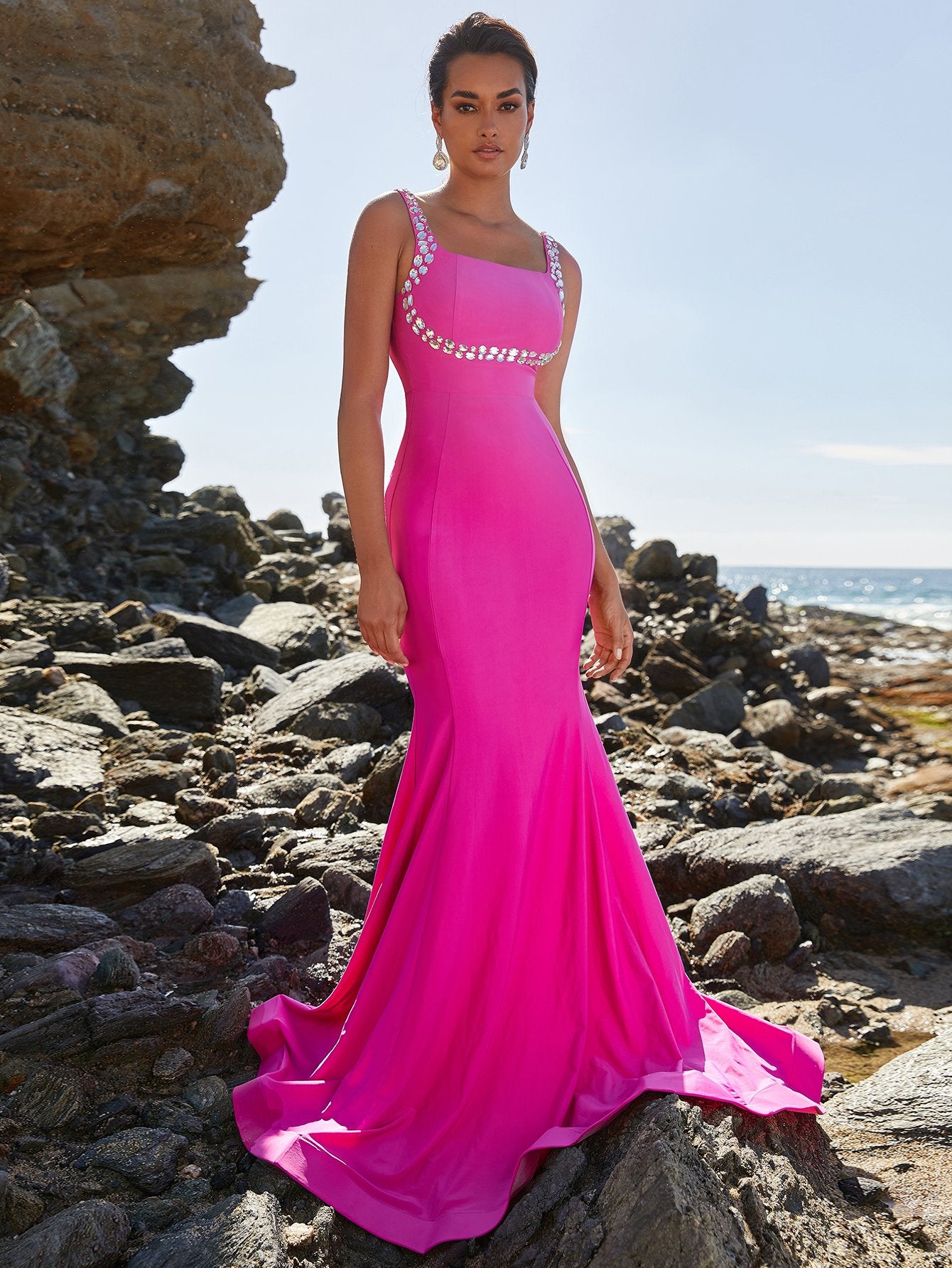 Square Neck Mermaid Hem Hot Pink Prom Dress 2023