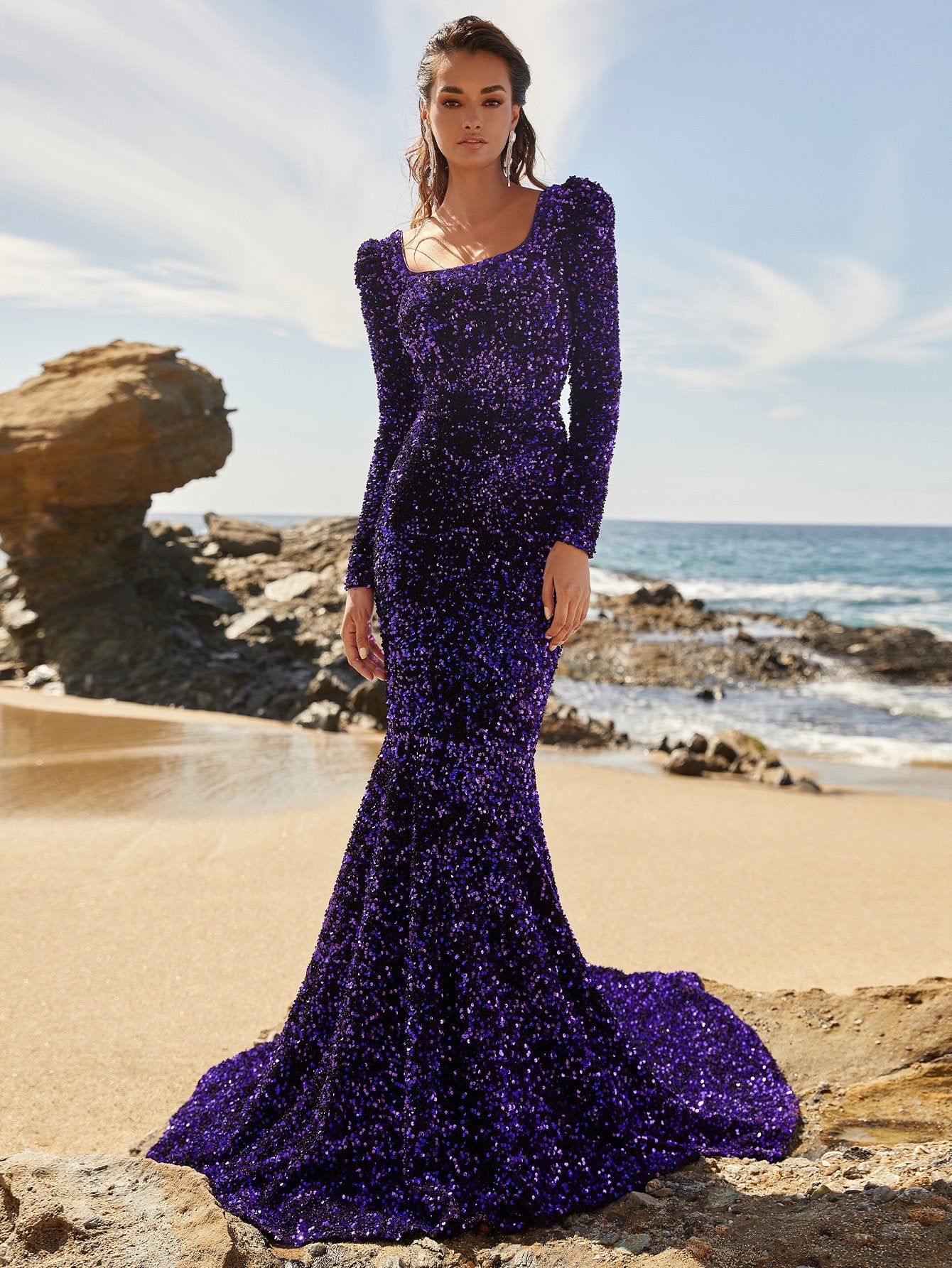 Elegant Square Neck Long Sleeve Sequin Mermaid Prom Gown