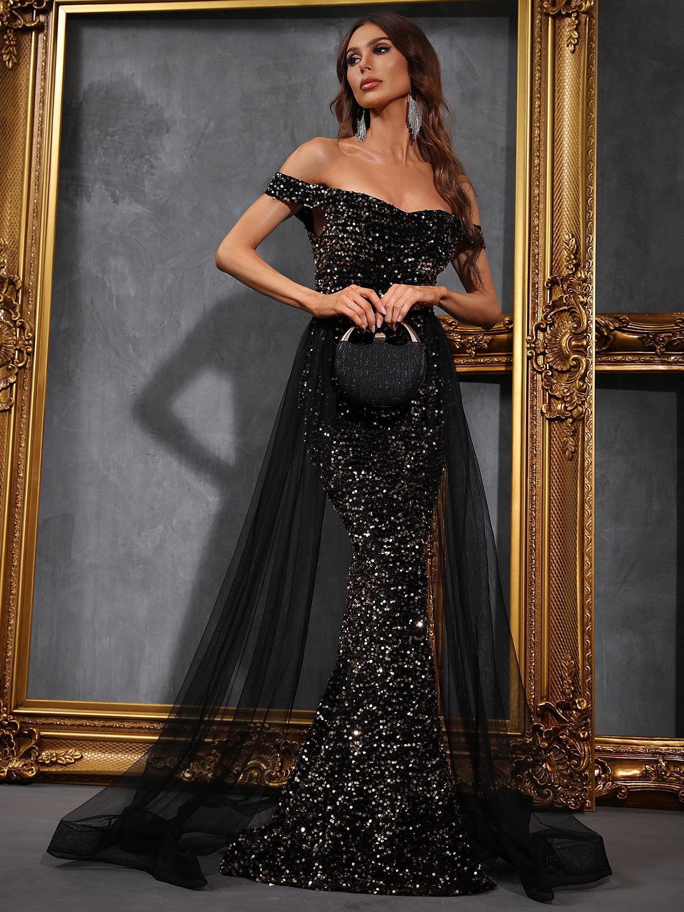 Off Shoulder Mesh Layer On Waist Black Gold Sequin Mermaid Dresses