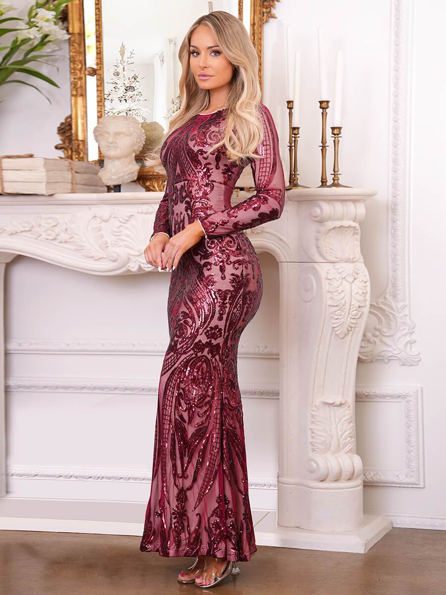 Elegant Round Neck Long Sleeve Sequins Dress