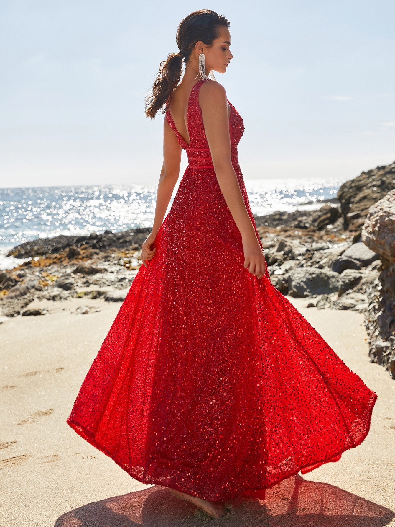 Red Corset Deep V Neck Sequin A Line Prom Dresses