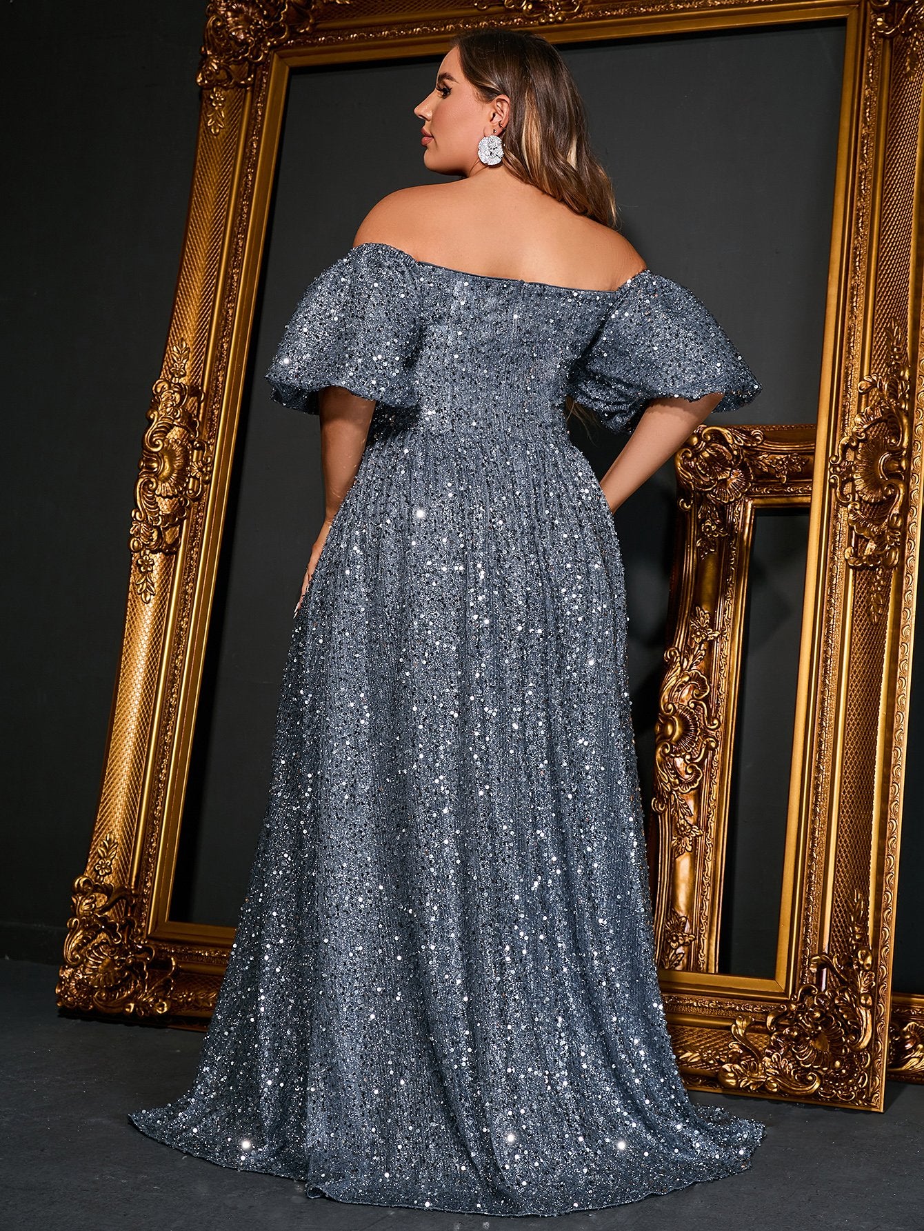 Plus Elegant Off Shoulder Short Sleeve Sequin A Line Dresses